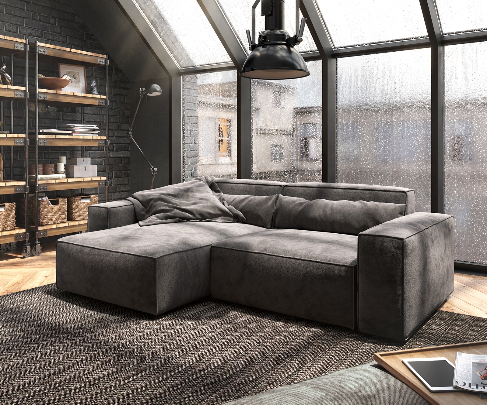 DELIFE Ecksofa Sirpio 230x150 cm Mikrofaser Khakibraun Recamiere variabel mit Hocker