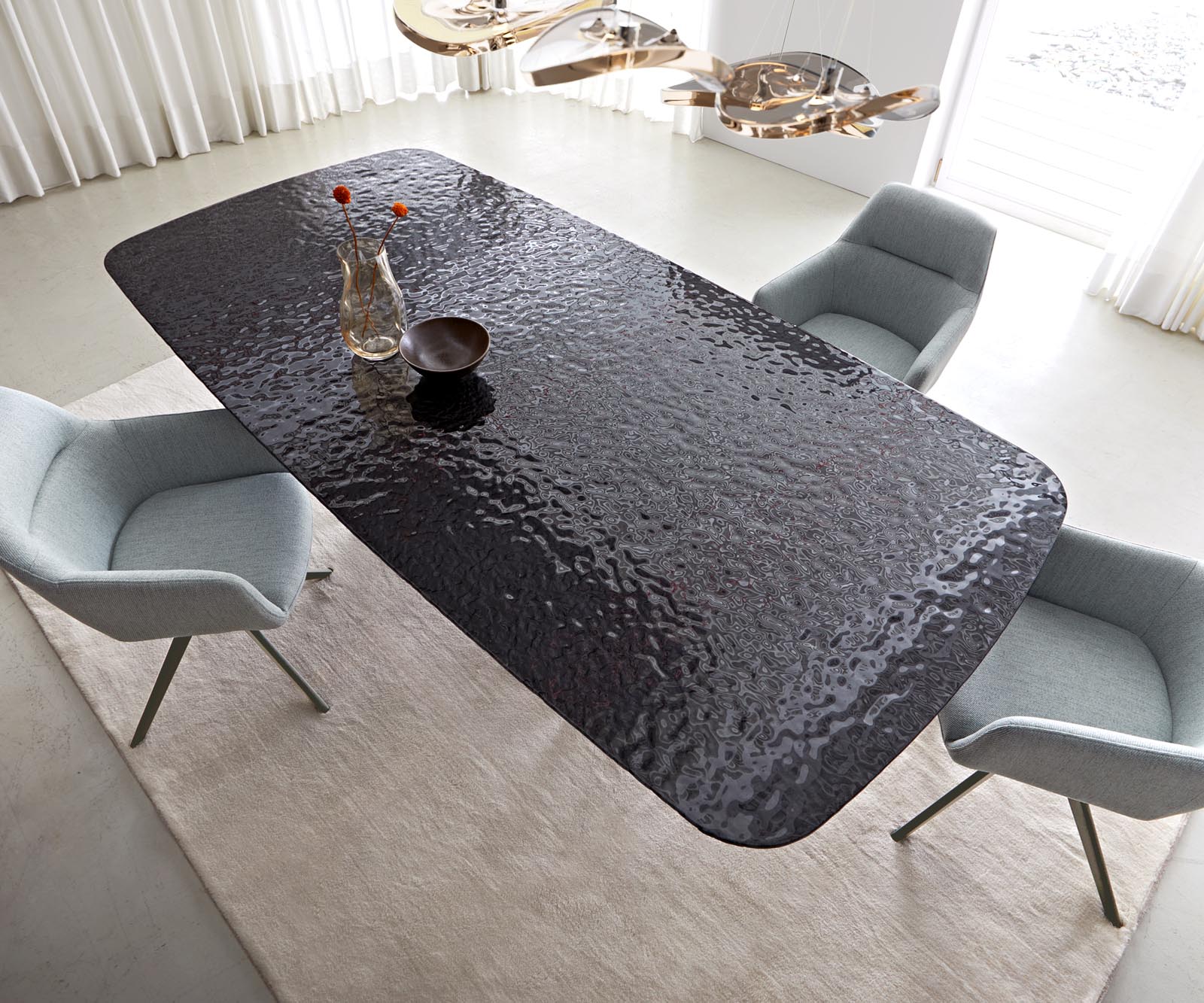 Esstisch Edge Boot 240x120 Reliefglas Rauchschwarz 3D-Design Infinity Metall Effektfinish Titan 3 Esstisch Edge Boot 240x120 Reliefglas Rauchschwarz 3D-Design Infinity Metall Effektfinish Titan 3