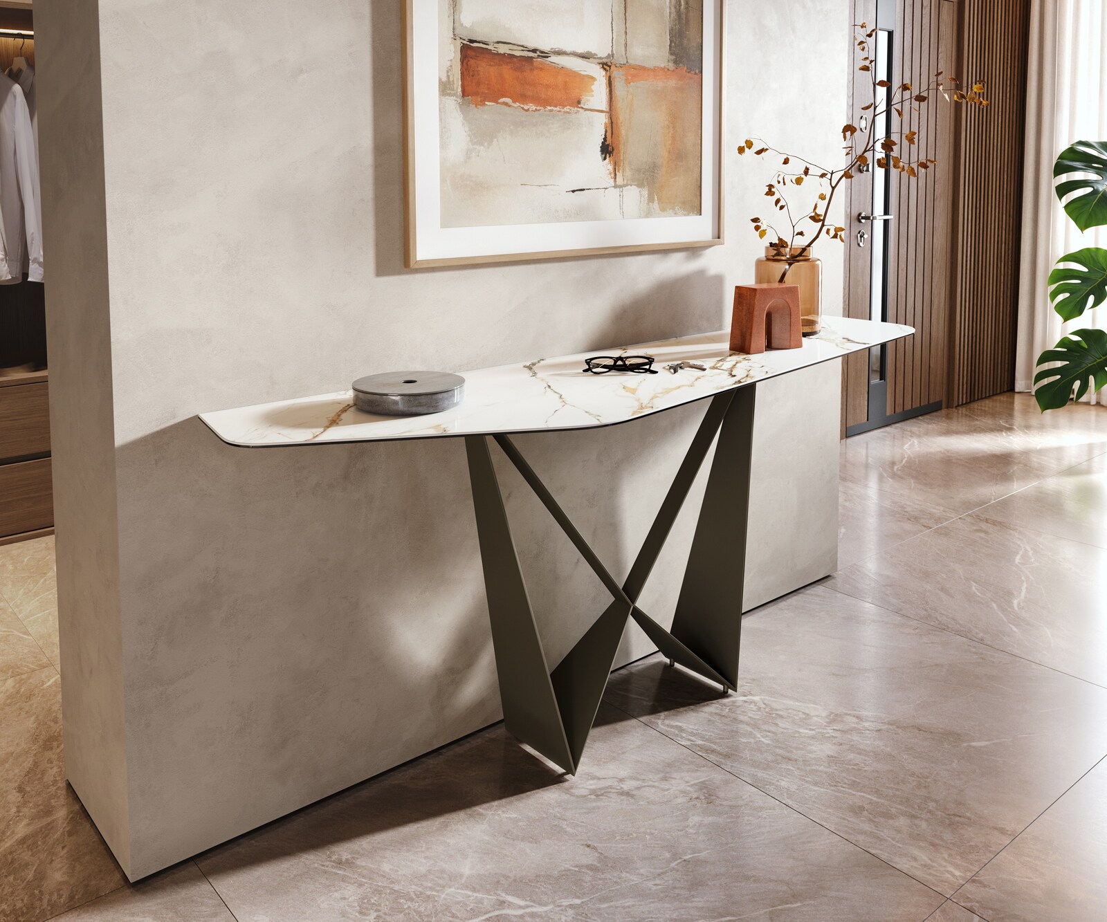 Konsolentisch Edge Polygonal 180x50 cm Keramik Calacatta Luxe Weiß-Gold-Grau Spios Metall Effektfinish Titan 1