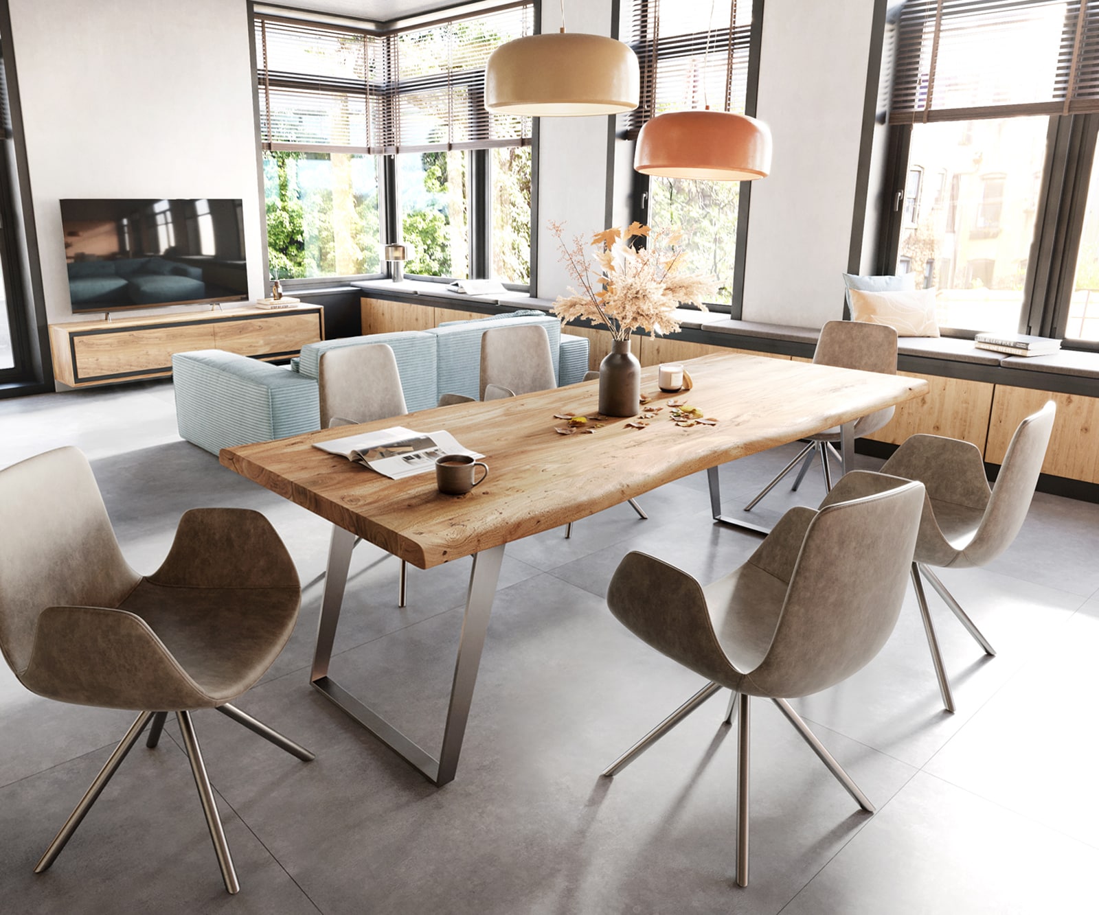 Esstisch Edge 280x100 XL Akazie Natur Edelstahl Schräg Live-Edge 5 Esstisch Edge 280x100 XL Akazie Natur Edelstahl Schräg Live-Edge 5