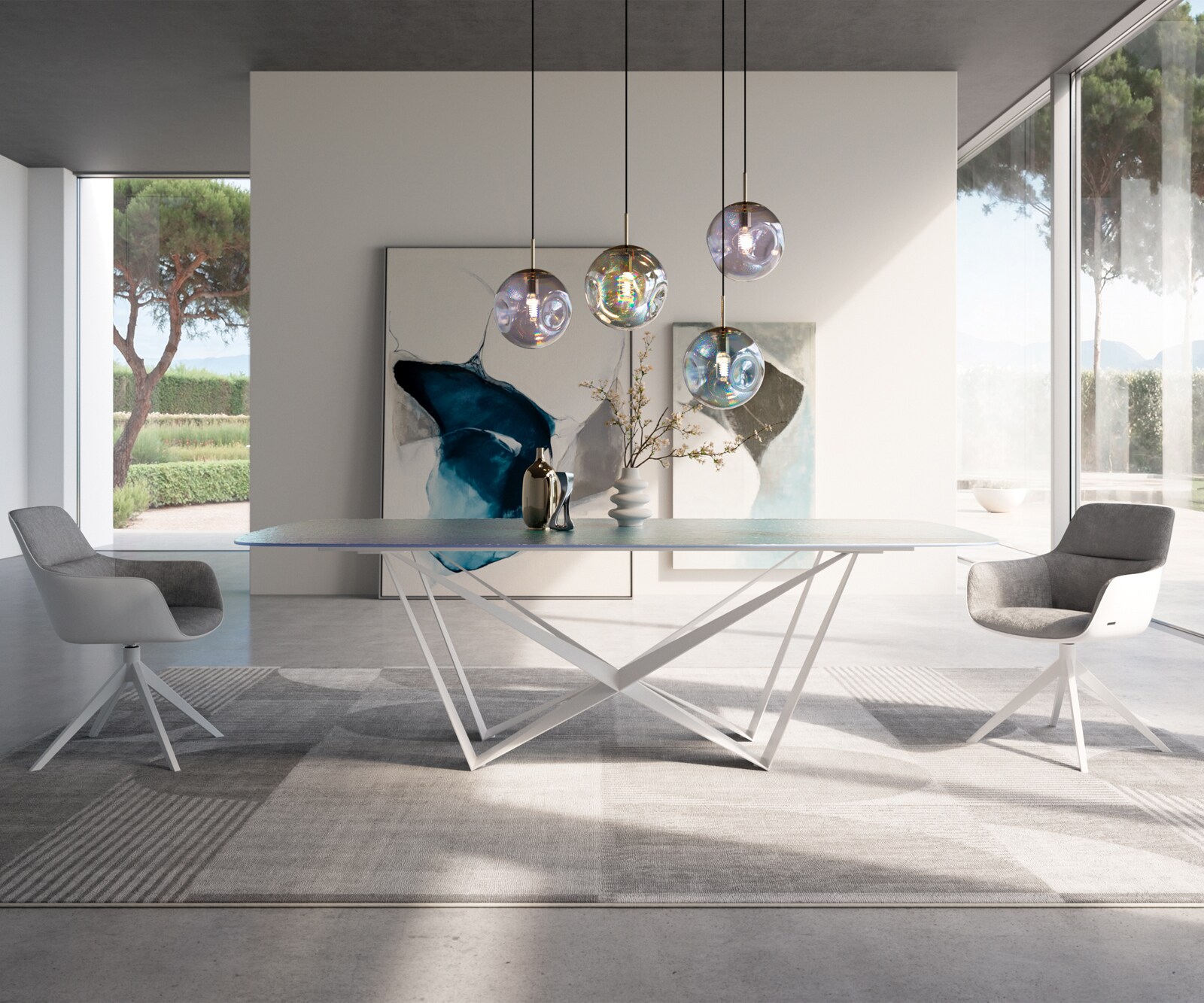 Esstisch Edge Boot 240x120 cm Reliefglas Perlmutt 3D-Design Spider Metall Weiß 2