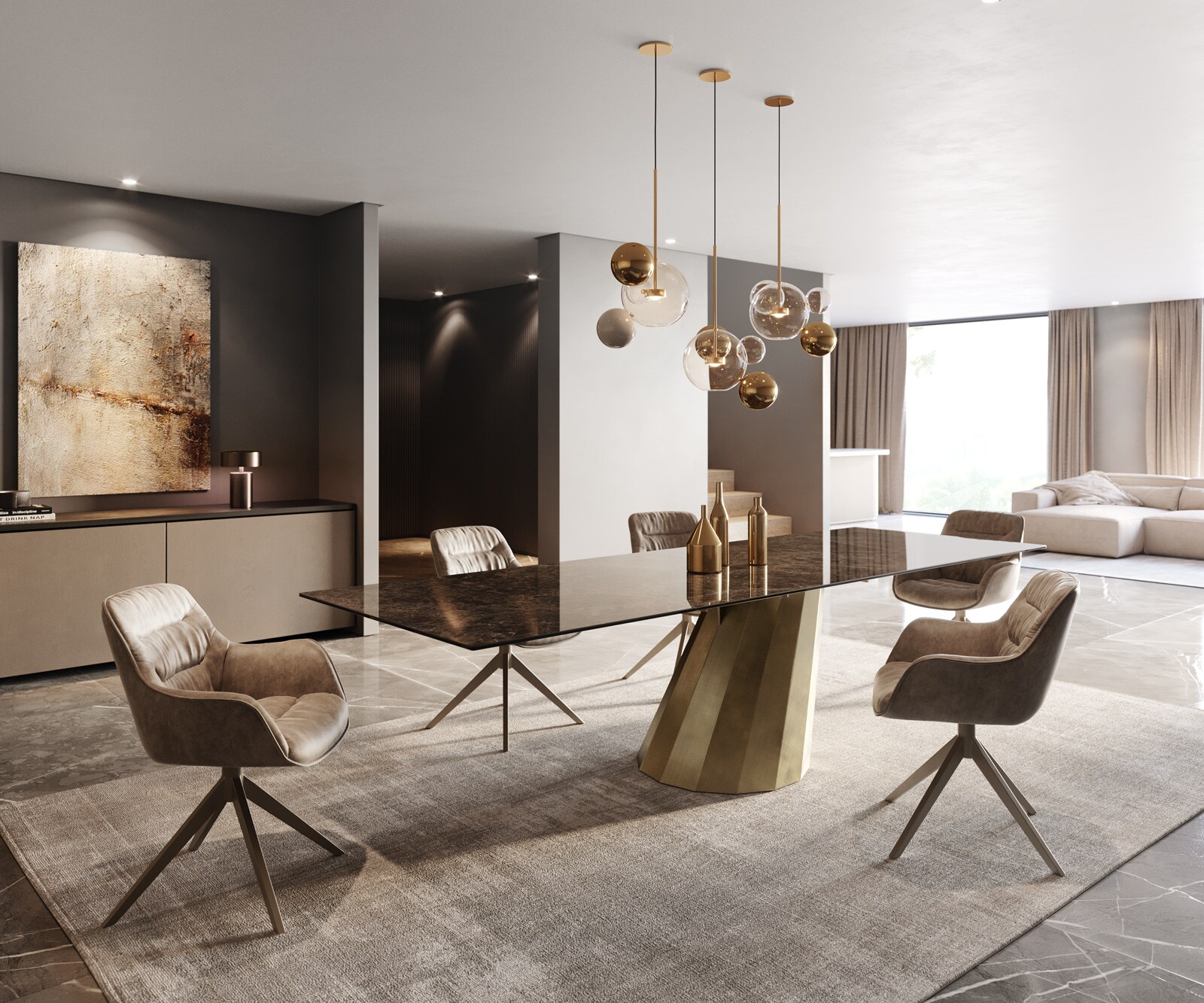 Esstisch Edge 300x100 Keramik Laminam® Emperador Extra Lucidato Dunkelbraun Parabel Metallic Gold 5