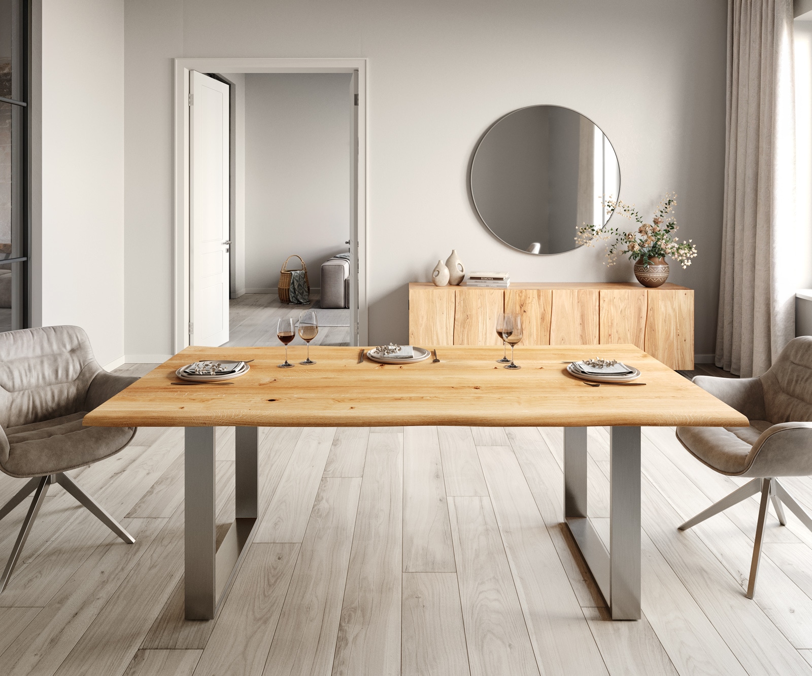 Esstisch Edge 200x100x2,5-3 Eiche Natur Edelstahl schmal Live-Edge 2 Esstisch Edge 200x100x2,5-3 Eiche Natur Edelstahl schmal Live-Edge 2