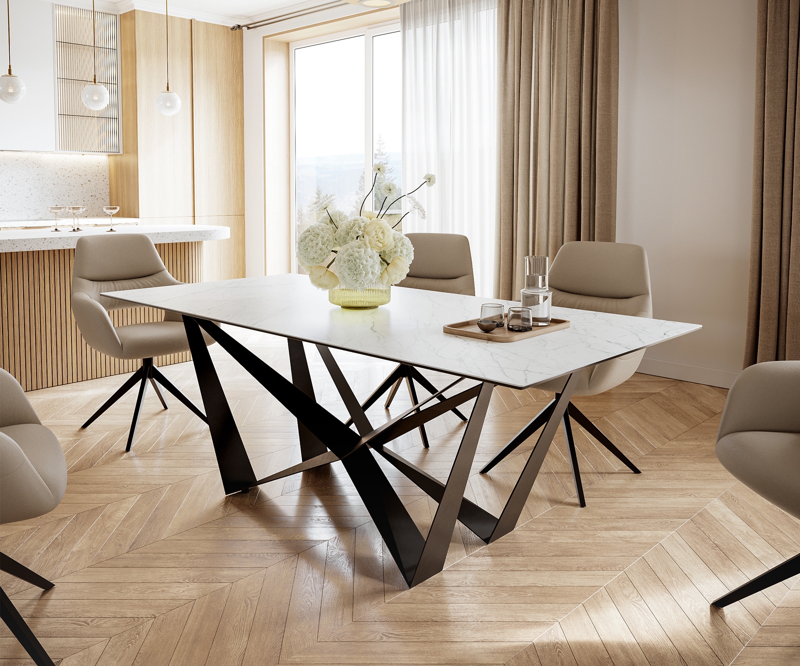 Esstisch Edge 200x100cm Keramik Laminam®Statuarietto Weiß Mittelfuß Flachstahl Schwarz