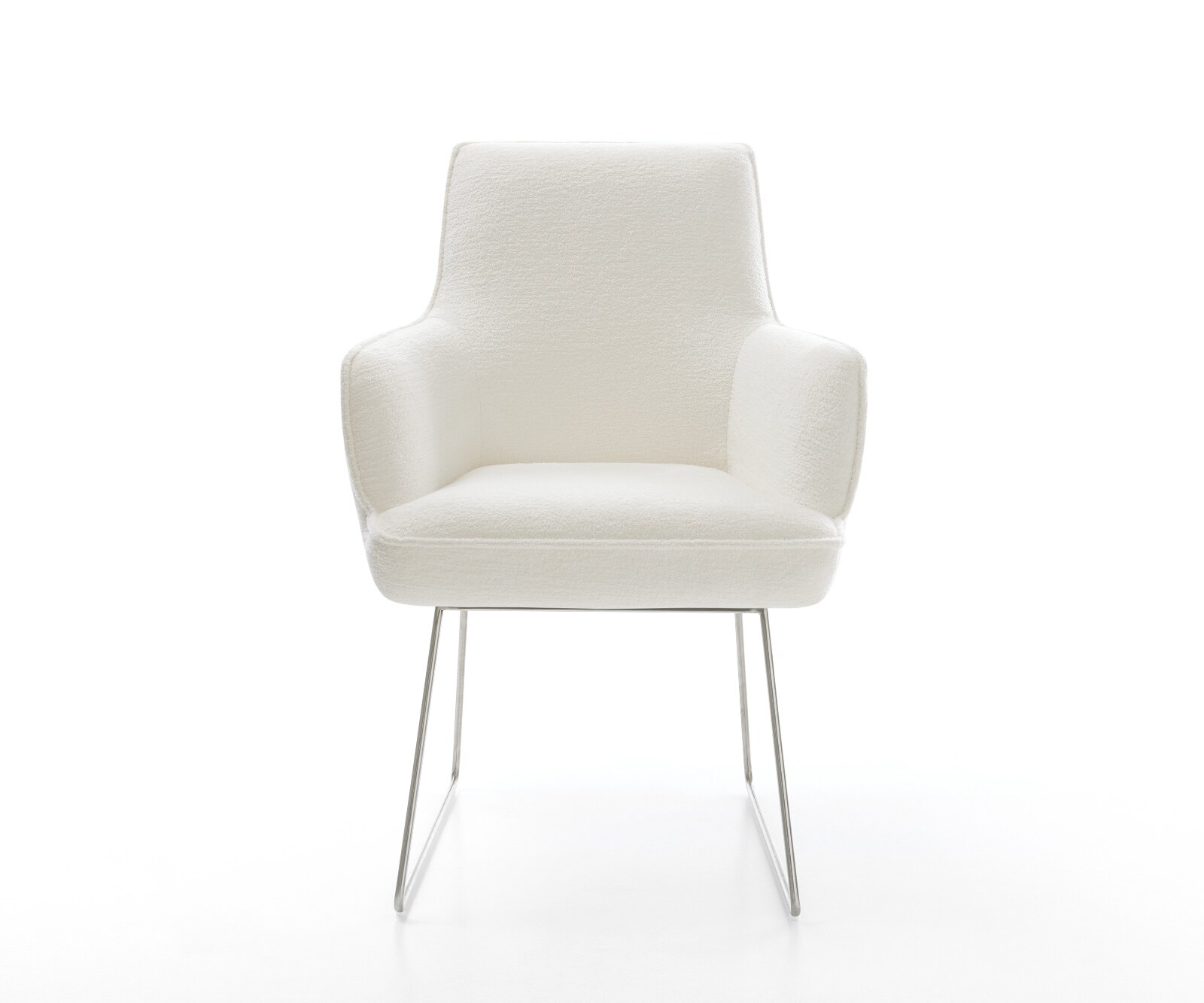 Esszimmerstuhl Heira-Flex mit Armlehnen Bouclé Soft Beige Kufengestell Edelstahl Taschenfederkern 2