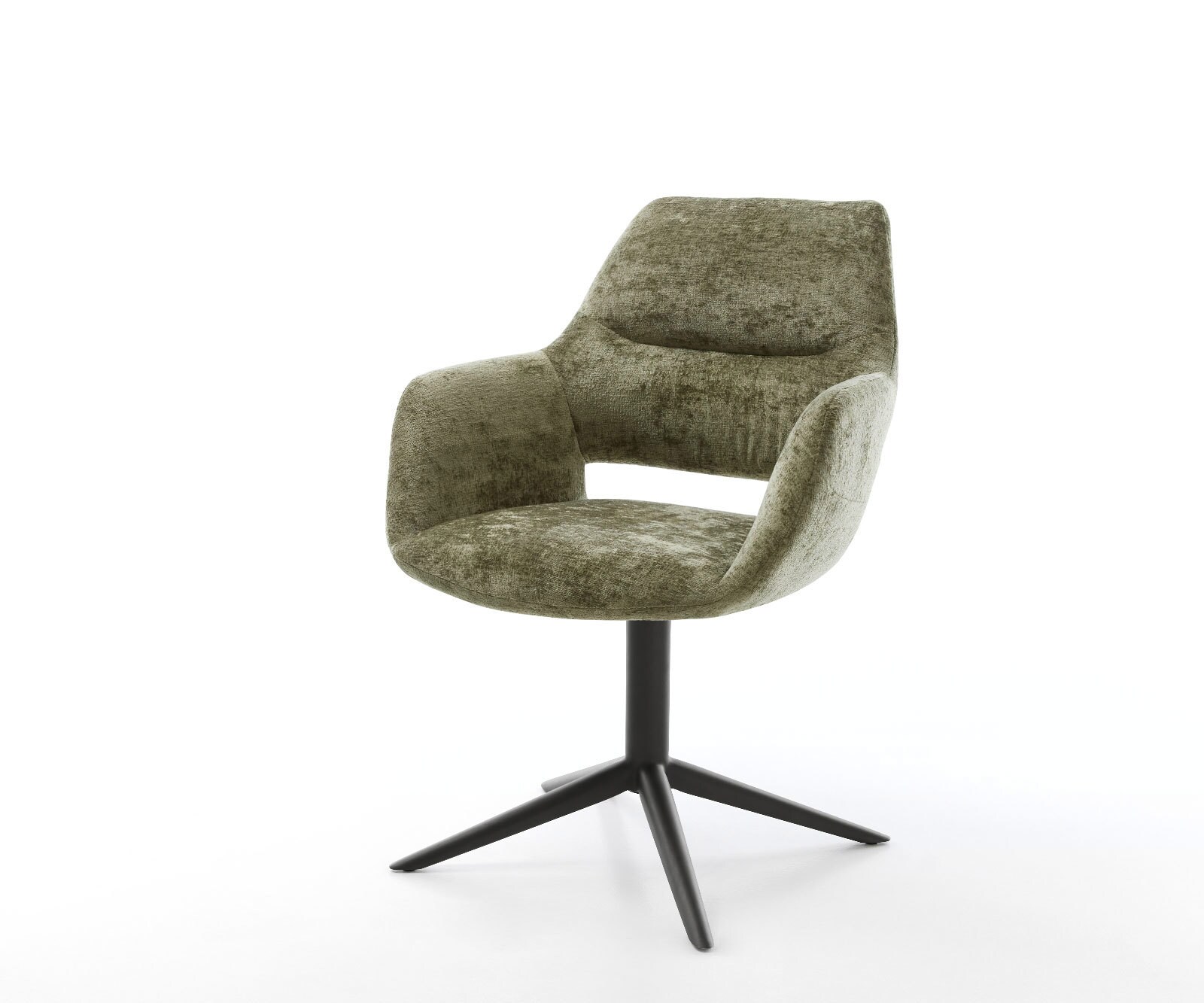Drehstuhl Yago-Flex mit Armlehnen Chenille Olive Fußkreuz Schwarz 360° drehbar Wippfunktion Taschenfederkern