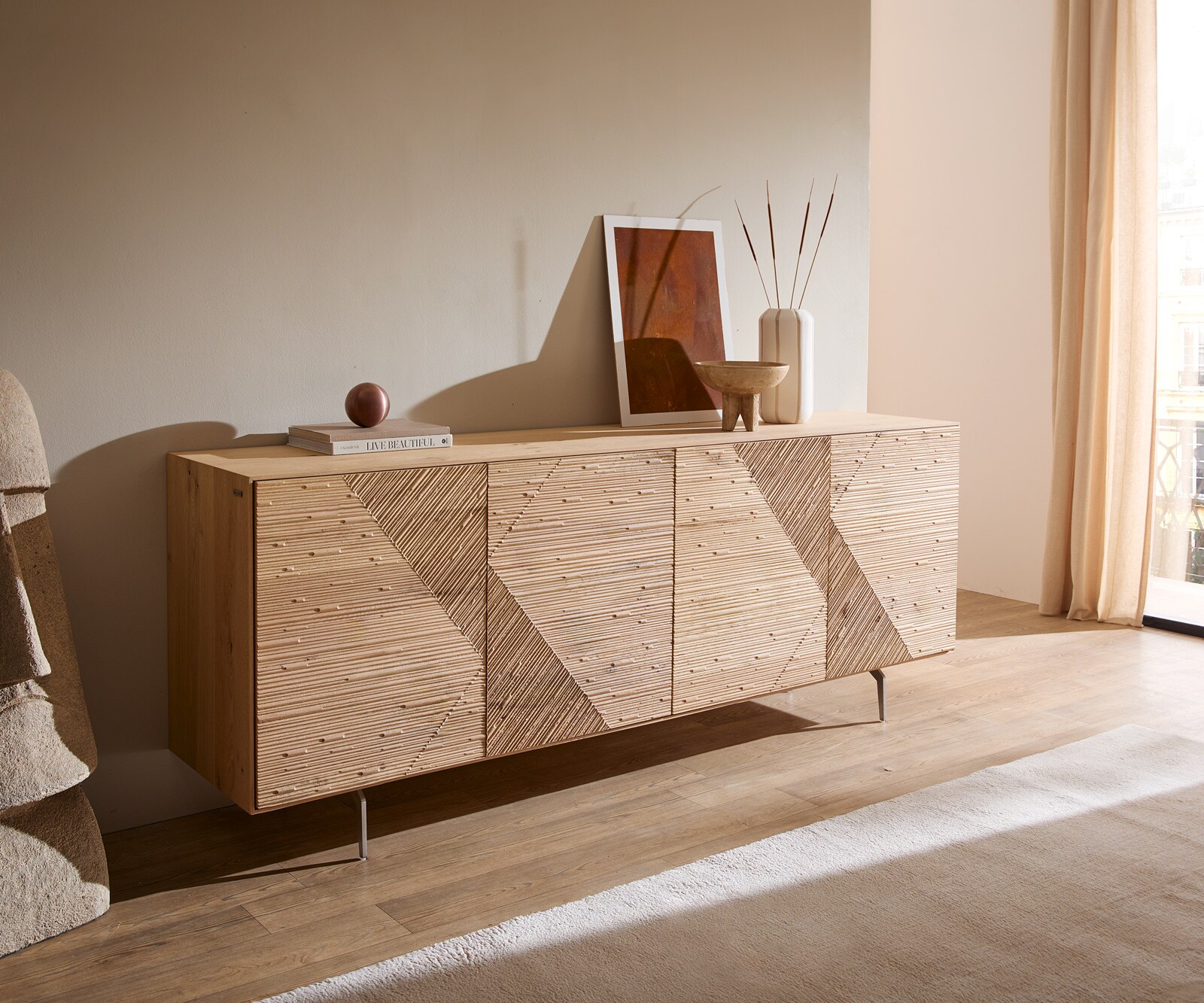 Sideboard Tereos 200 cm Eiche Natur 3D Effekt 4 Türen Winkelfuß Edelstahl gebürstet