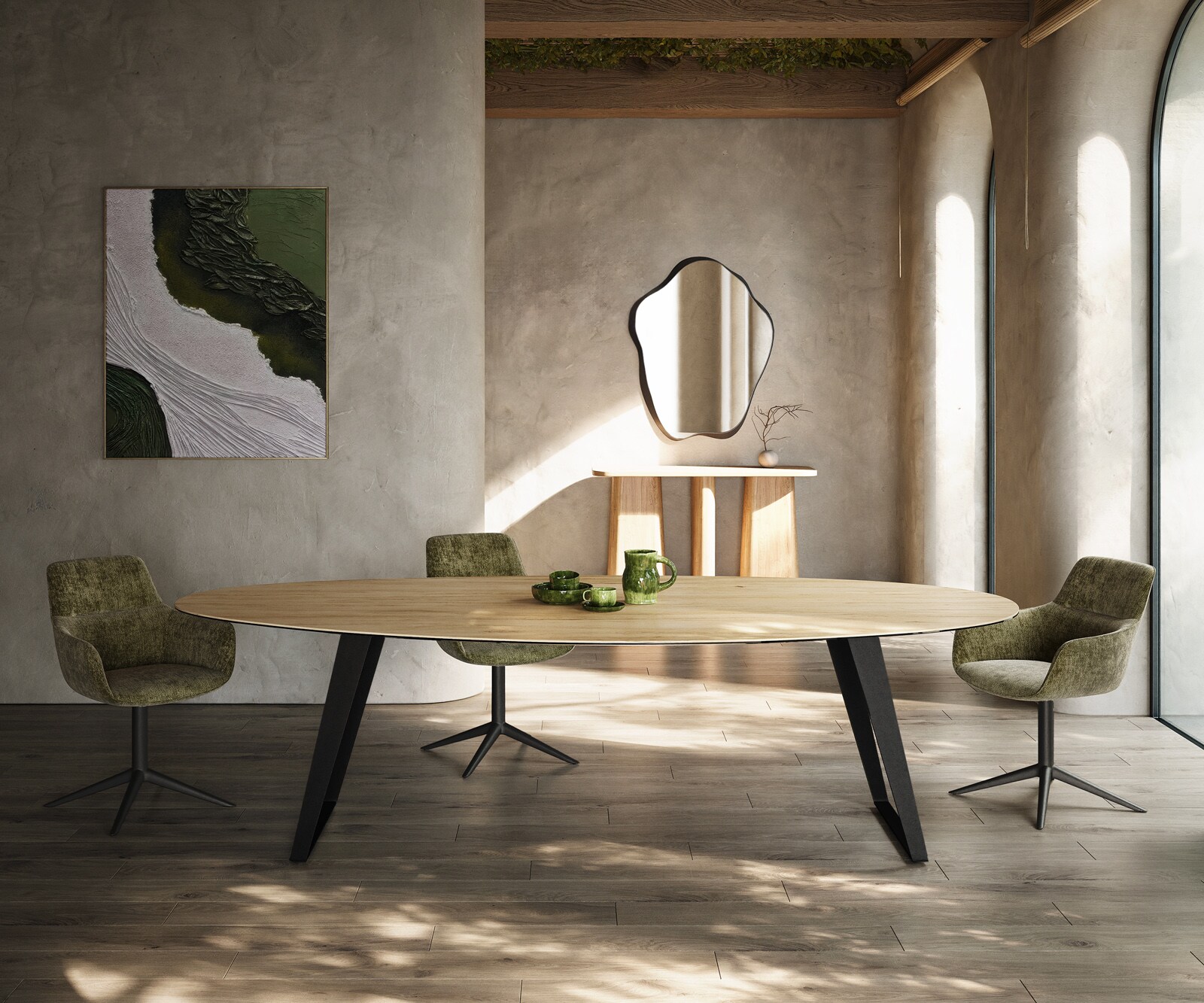 Esstisch Edge Oval 280x130 cm Keramik Laminam® Sabbia Eichefarbig Metall Schräg Schwarz 2