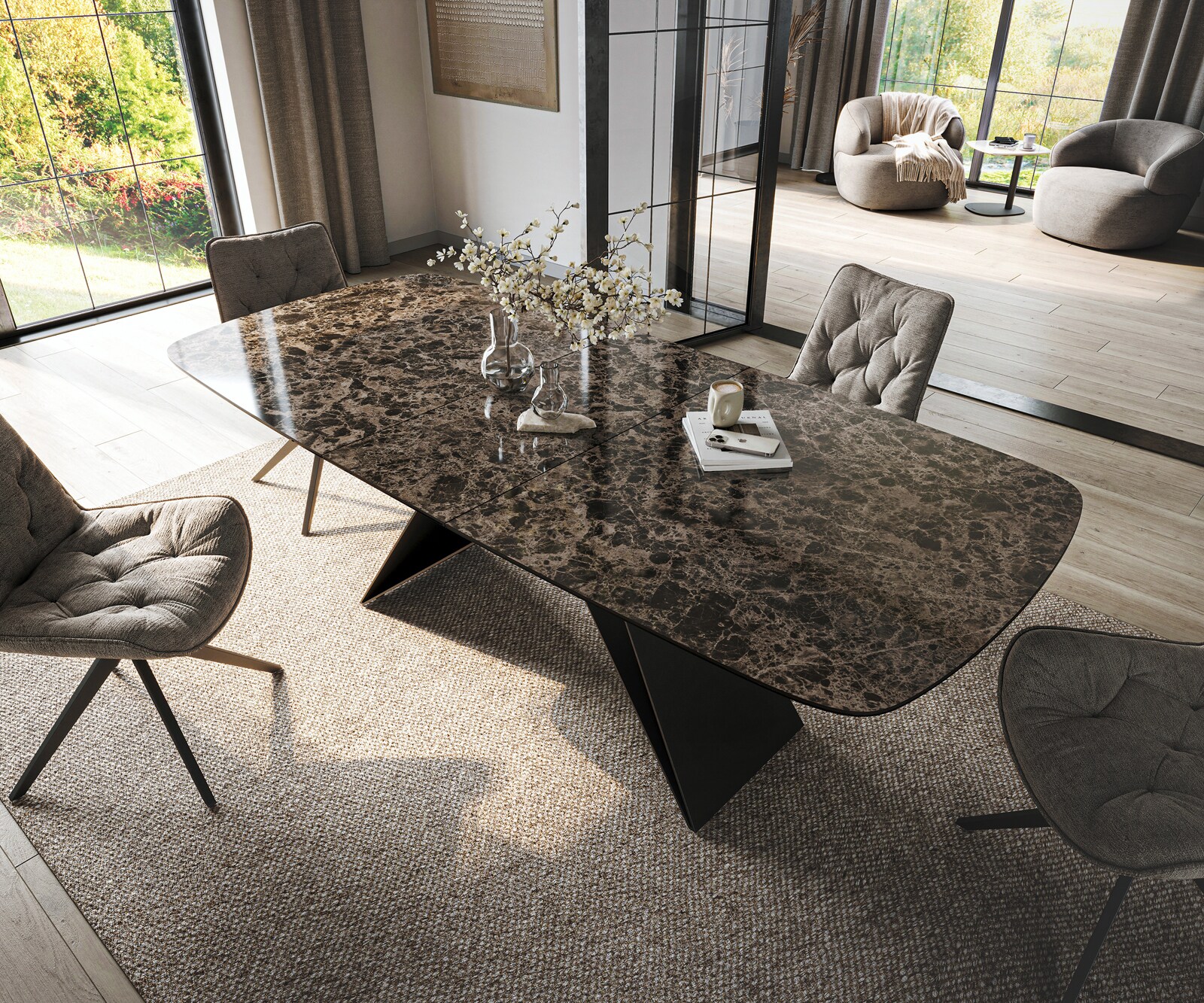 Esstisch Edge Boot 180-220x100 cm Keramik Emperador Extra Lucidato Dunkelbraun V-Gestell Flachstahl Schwarz ausziehbar 4