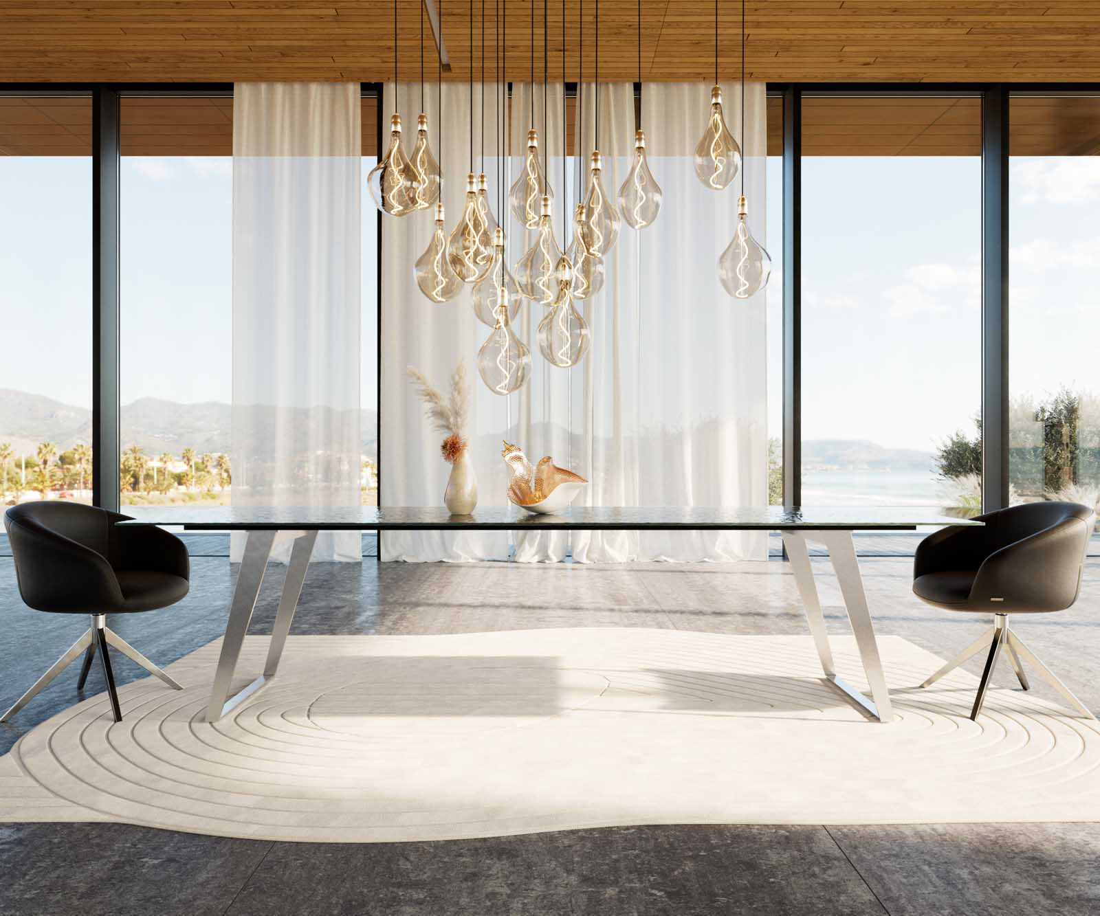 Esstisch Edge 300x100 Reliefglas Rauchschwarz 3D-Design Edelstahl Schräg 2 Esstisch Edge 300x100 Reliefglas Rauchschwarz 3D-Design Edelstahl Schräg 2