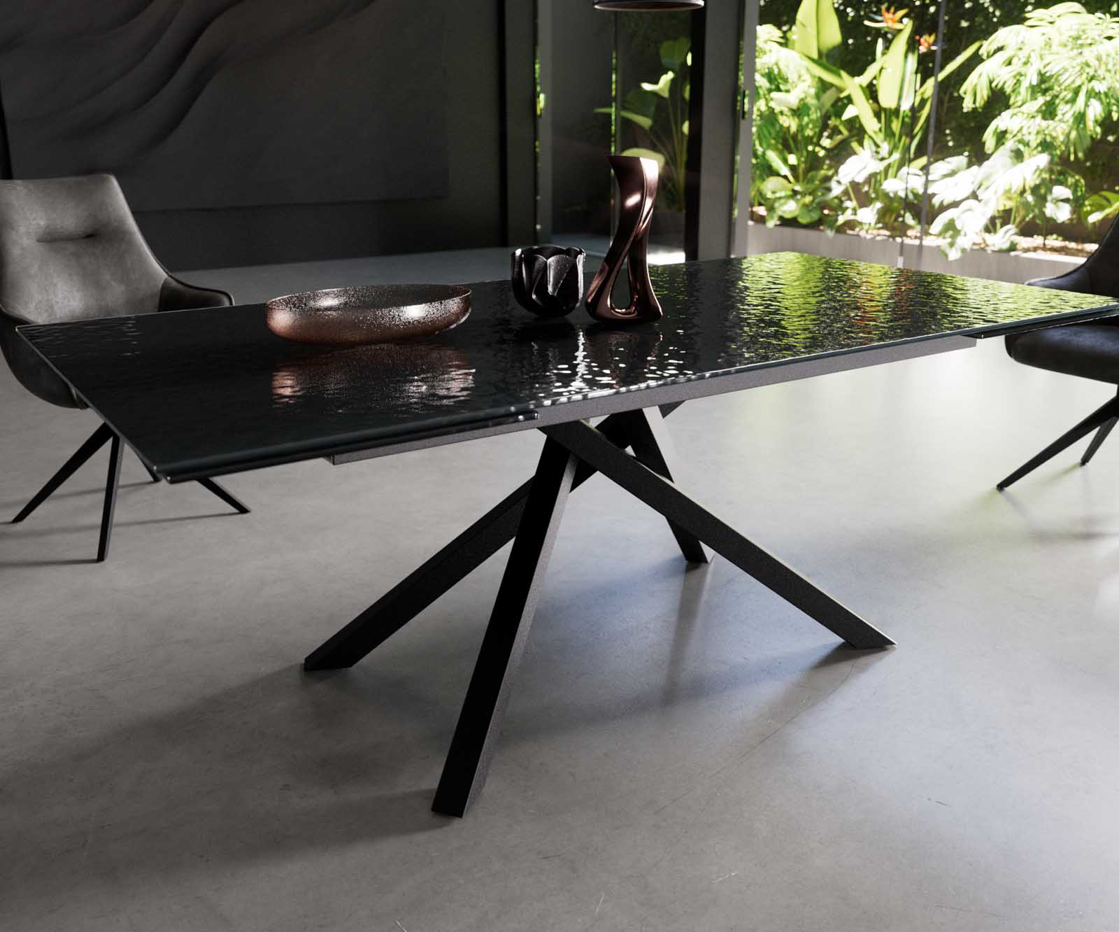 Esstisch Edge 200-300x100 Reliefglas Rauchschwarz 3D-Design Kreuzgestell Rechteck Schwarz ausziehbar 4 Esstisch Edge 200-300x100 Reliefglas Rauchschwarz 3D-Design Kreuzgestell Rechteck Schwarz ausziehbar 4