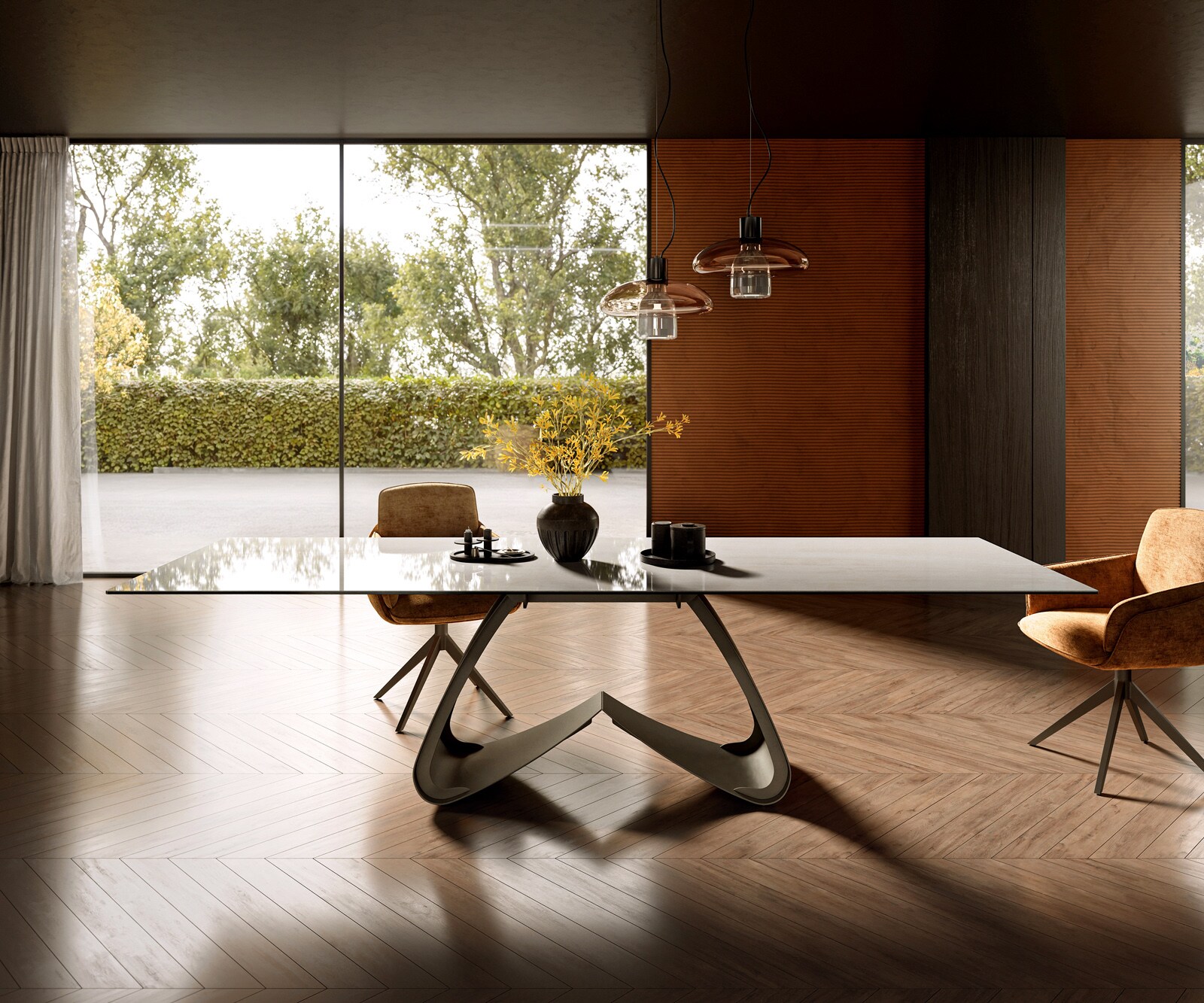 Esstisch Edge 300x100 cm Keramik Onyx Champagne W-Gestell Metall Effektfinish Titan 2