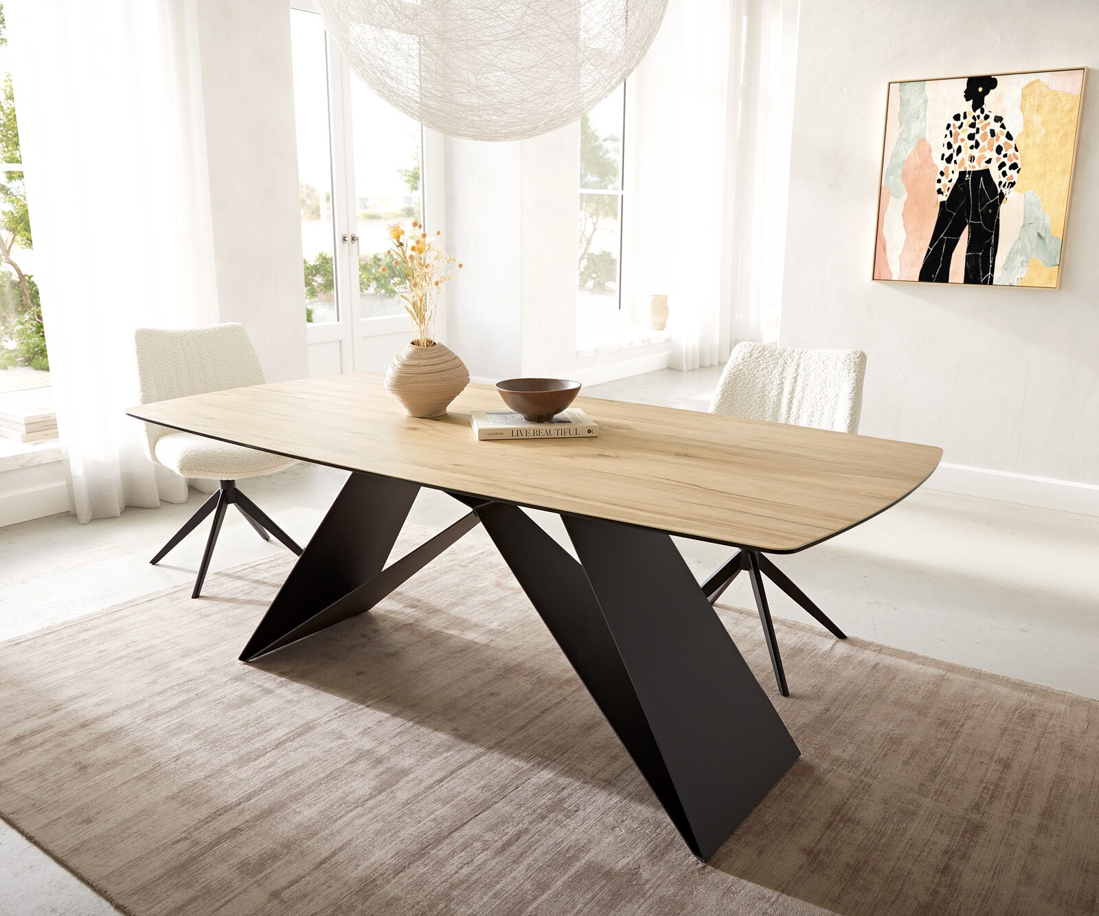 Esstisch Edge Boot 200x100 Keramik Laminam® Sabbia Eichefarbig V-Gestell Flachstahl Schwarz 6