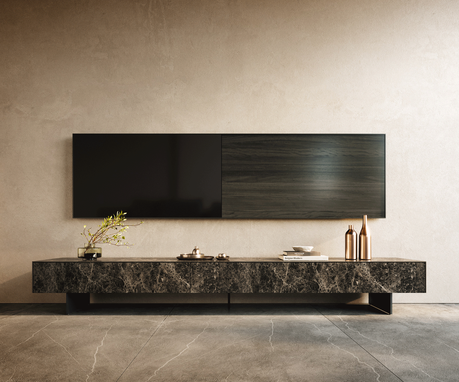 Lowboard Cuor 250 cm Keramik Laminam® Emperador Extra Lucidato Dunkelbraun 1 Klappe 1 Schubfach Fuß Schwebeoptik Metall Schwarz 2
