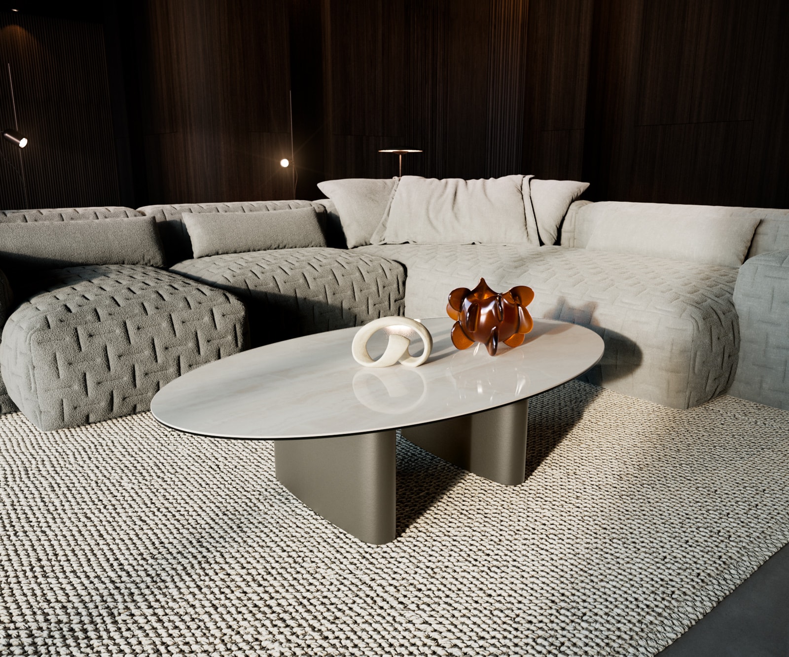 Couchtisch Edge Oval 135x80 cm Keramik Onyx Champagne Ovada Effektfinish Titan 1