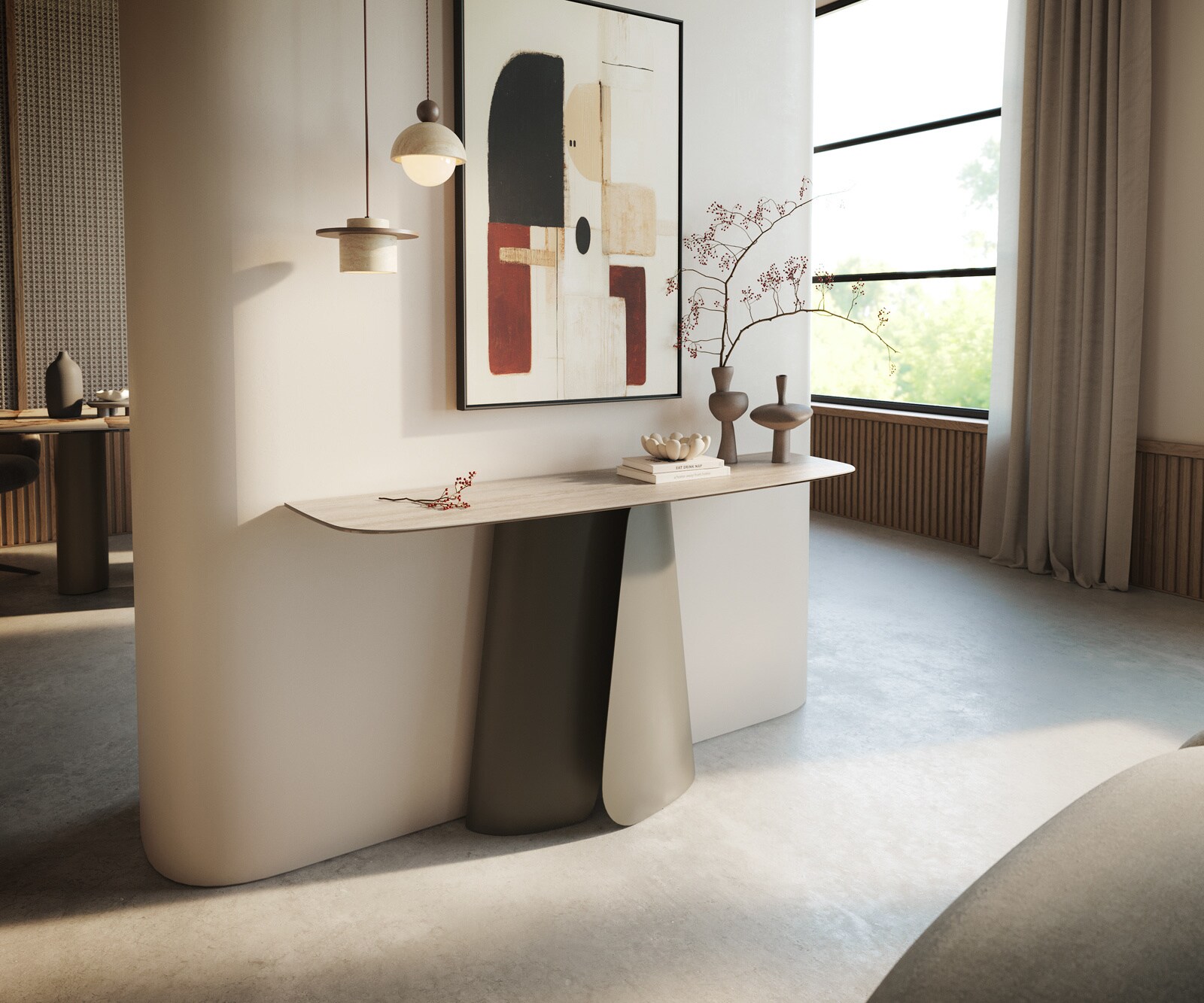 Konsolentisch Edge Boot 140x40 cm Keramik Laminam® Travertino Bianco Creme-Weiß Livos Metall Effektfinish Titan 3