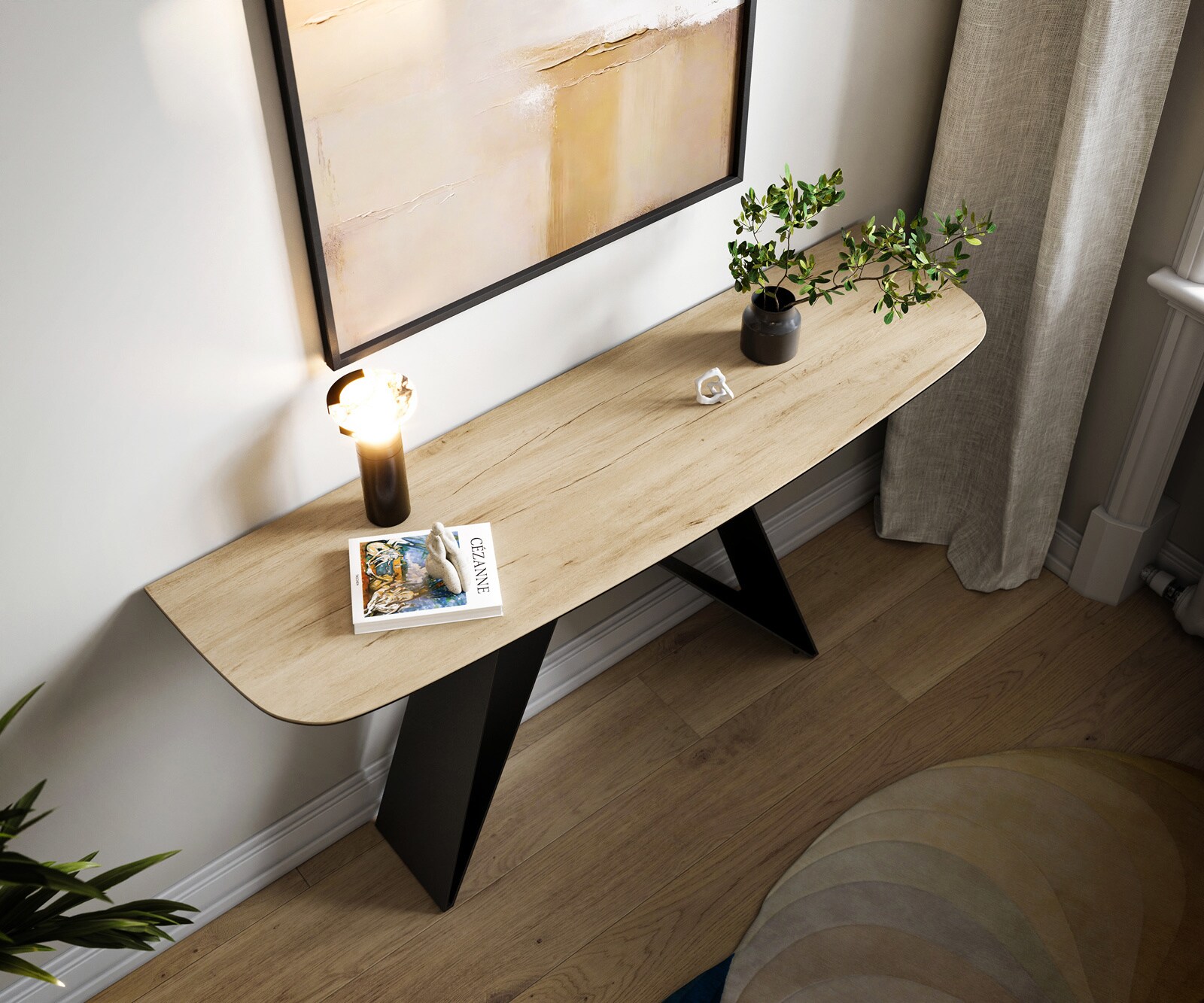 Konsolentisch Edge Boot 140x40 cm Keramik Laminam® Sabbia Eichefarbig Velio Metall Schwarz 1