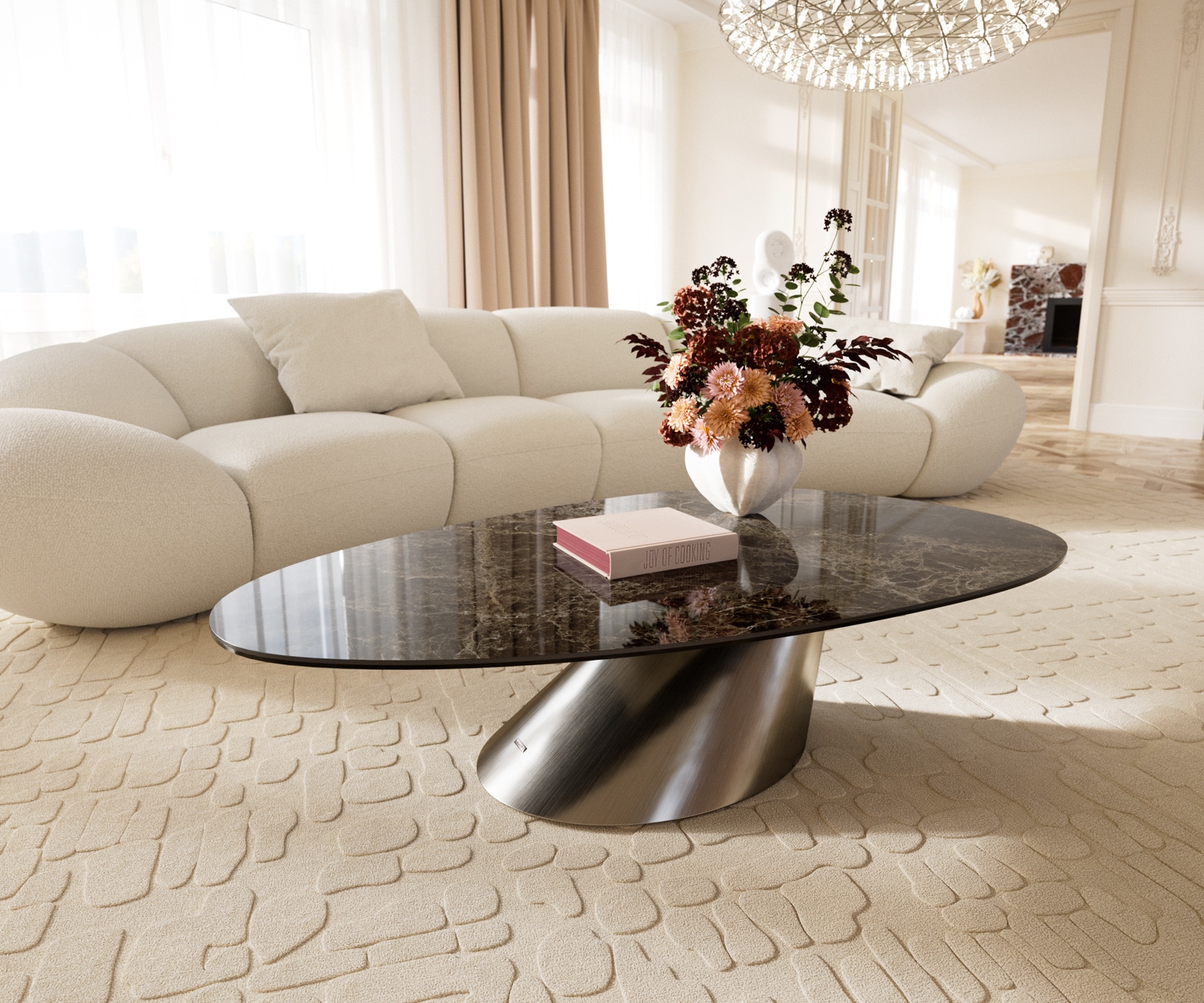 Couchtisch Edge Oval 140x75 cm Keramik Emperador Extra Lucidato Dunkelbraun Conis Edelstahl gebürstet