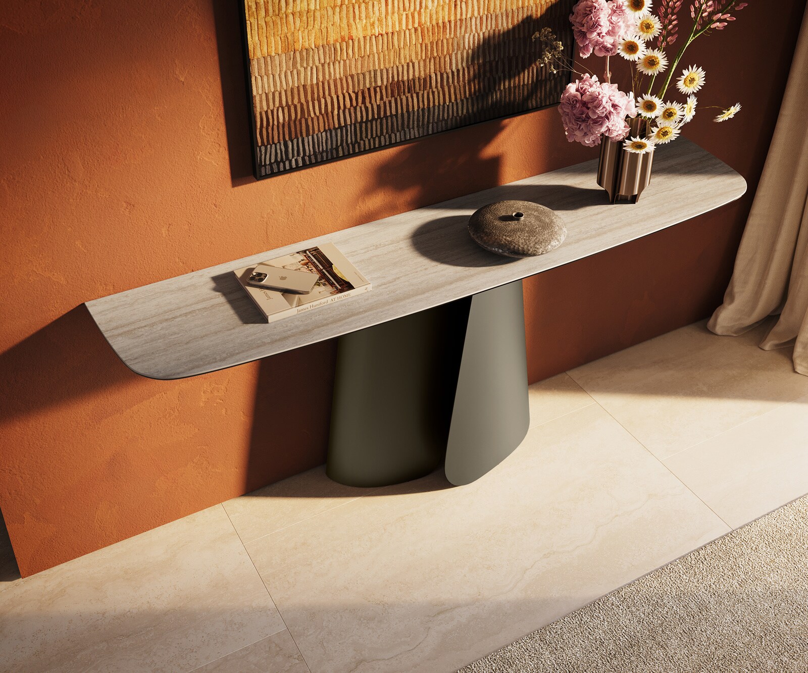 Konsolentisch Edge Boot 180x40 cm Keramik Laminam® Travertino Bianco Creme-Weiß Livos Metall Effektfinish Titan 3