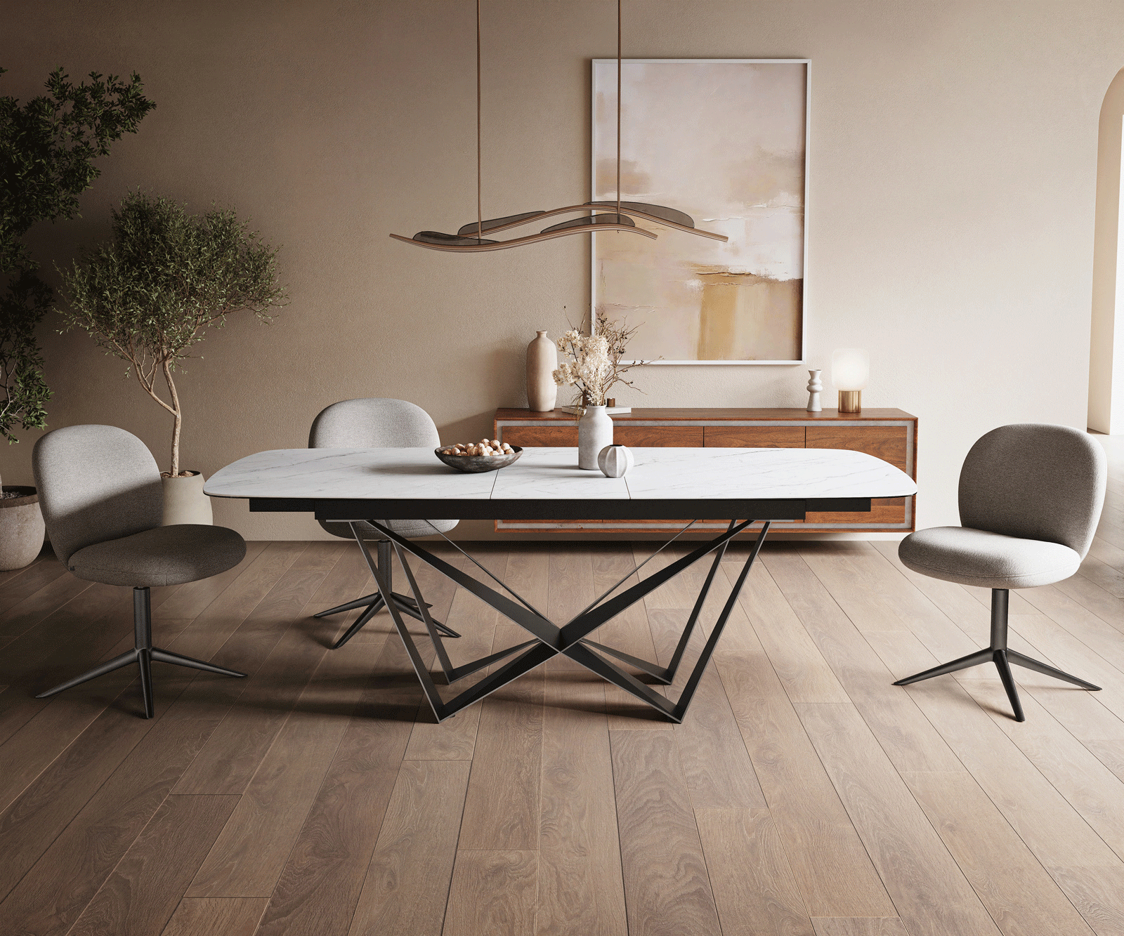 Esstisch Edge Boot 180-220x100 cm Keramik Laminam® Statuarietto Weiß Spider Flachstahl Edelstahl Graphit ausziehbar 2