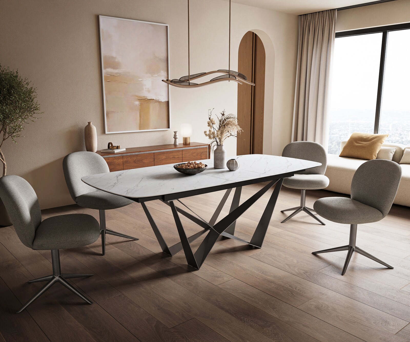 Esstisch Edge Boot 180-220x100 cm Keramik Laminam® Statuarietto Weiß Spider Flachstahl Edelstahl Graphit ausziehbar 6