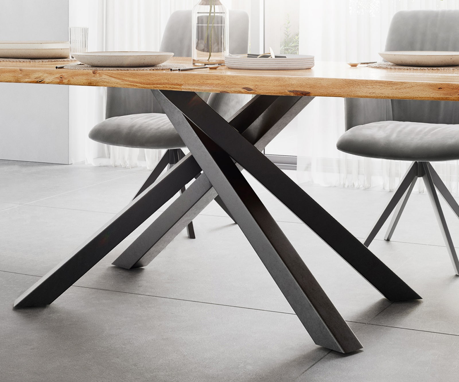 Esstisch Edge 200x100 Akazie Natur Kreuzgestell Rechteck Schwarz Live-Edge 5