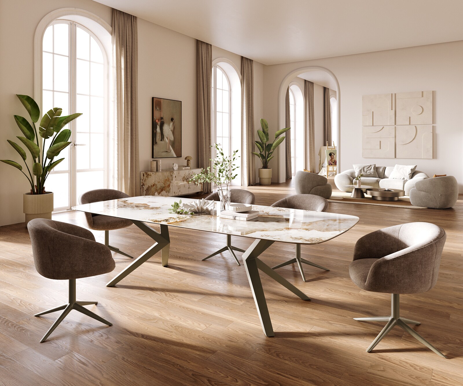 Esstisch Edge Boot 260x120 cm Keramik Minas Melange Weiß-Beige Zenthara kantig Metall Effektfinish Titan 6