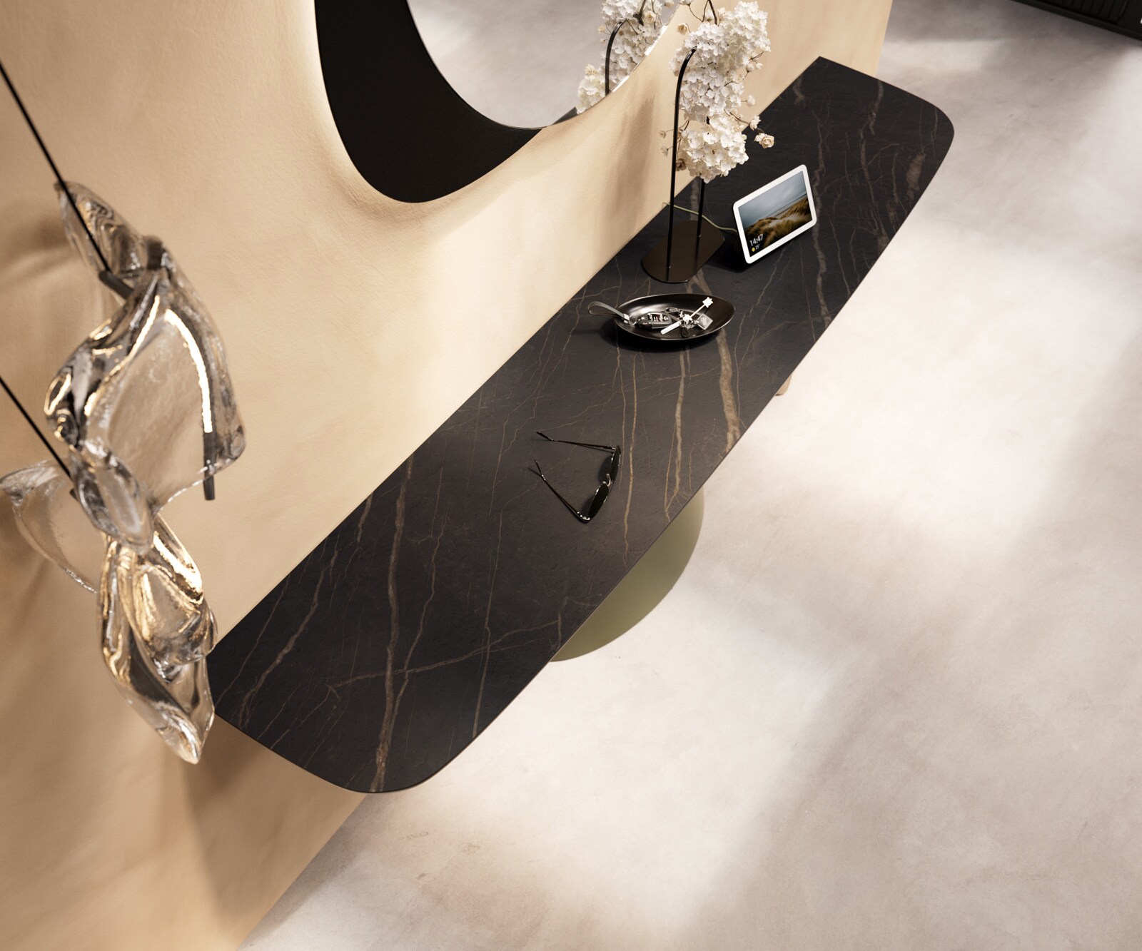 Konsolentisch Edge Boot 180x40 cm Keramik Laminam® Noir Desir Braun Conos Metall Effektfinish Titan 4