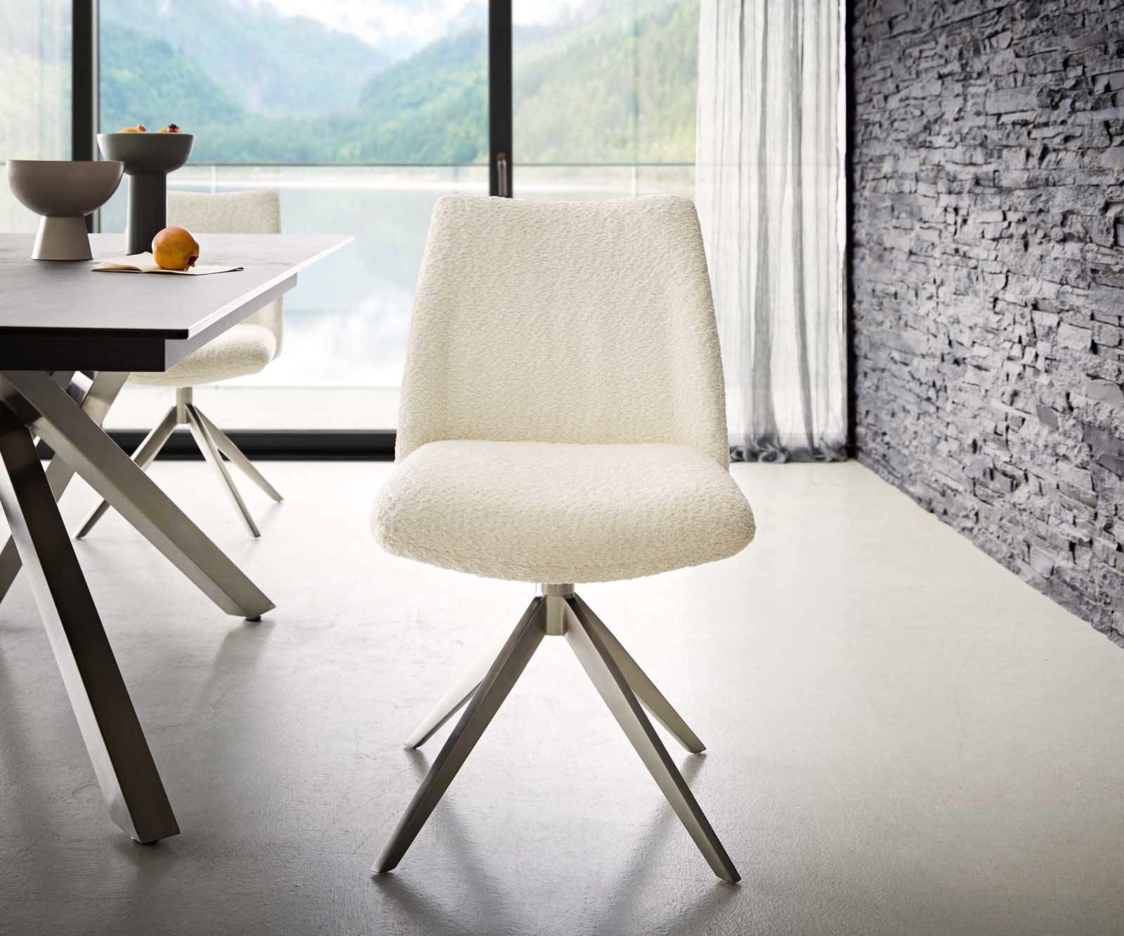Drehstuhl Elso-Flex Bouclé Weiß Kreuzgestell breit Edelstahl 360° drehbar Taschenfederkern 1