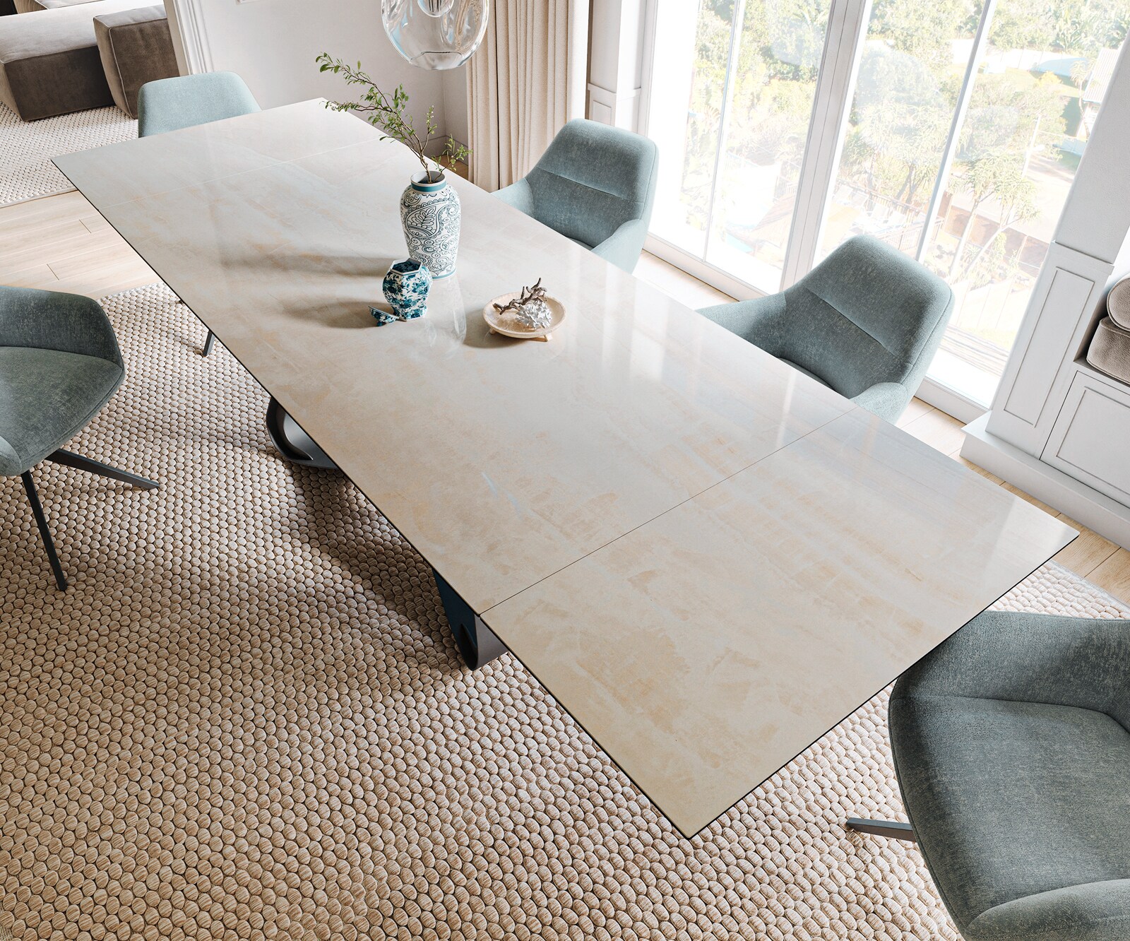 Esstisch Edge 200-300x100 cm Keramik Onyx Champagne W-Gestell Metall Schwarz ausziehbar 4