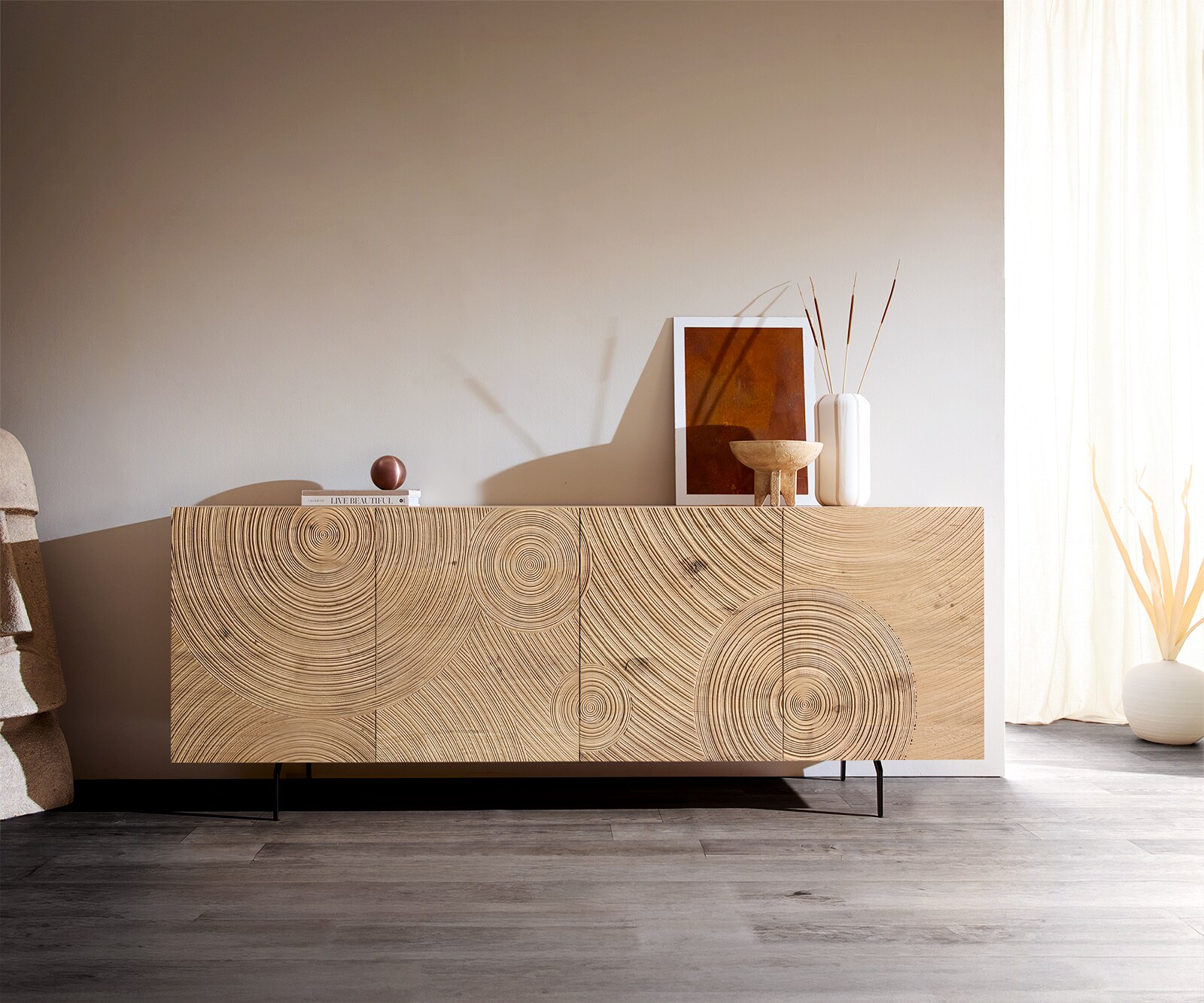 Sideboard Ashara 200 cm Eiche Natur 3D Effekt 4 Türen Winkelfuß Metall Schwarz 1
