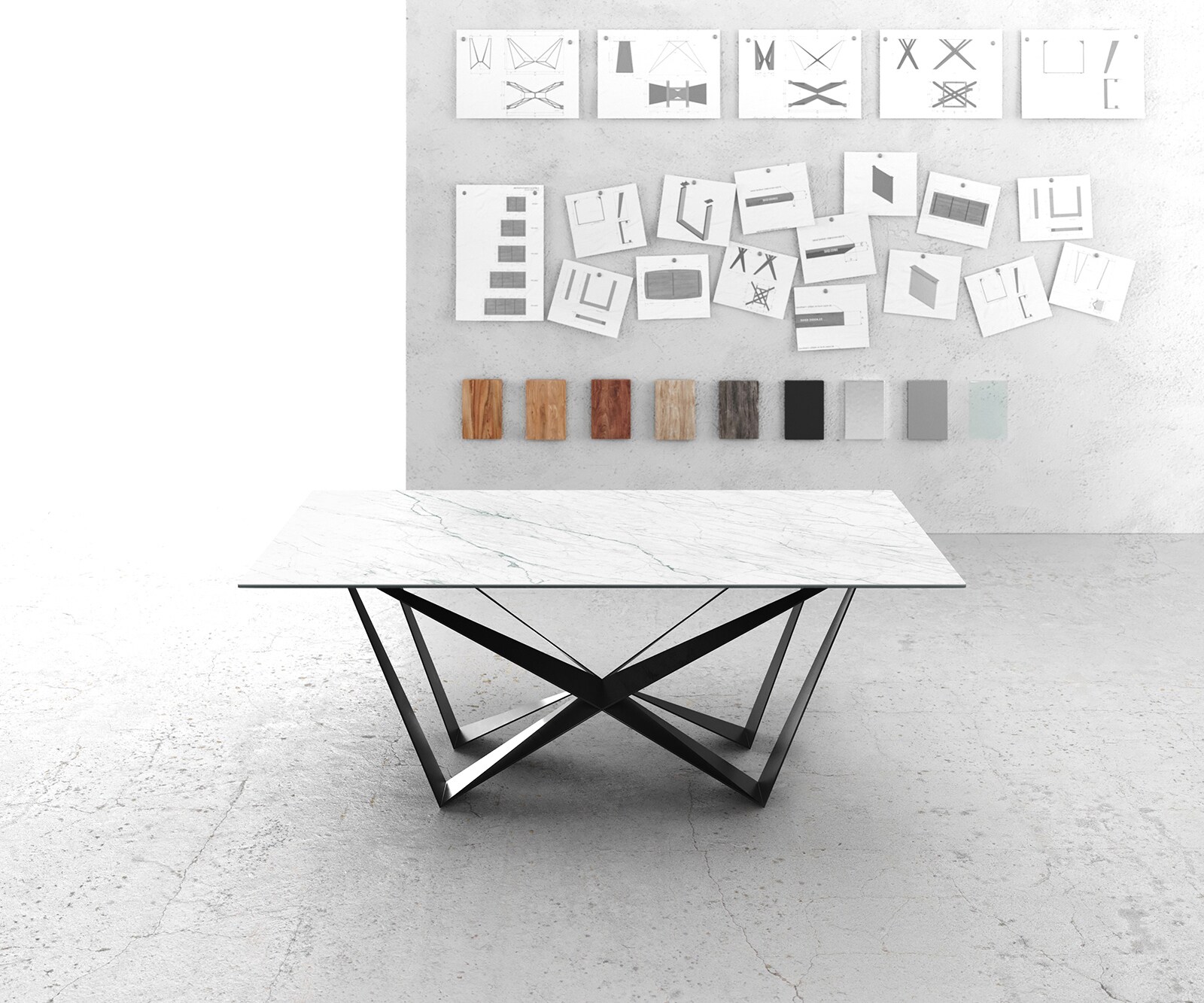 Esstisch Edge 200x100cm Keramik Laminam®Statuarietto Weiß Mittelfuß Flachstahl Schwarz 1