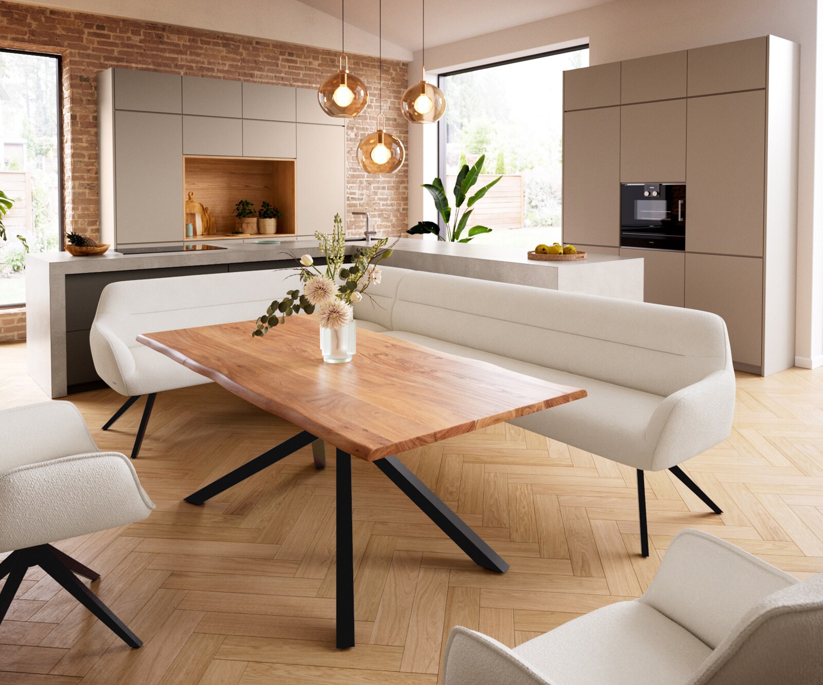 Esszimmerbank Taya-Flex 285x190 cm Bouclé Creme-Weiß Kreuzgestell kantig Schwarz Taschenfederkern Rechts 1