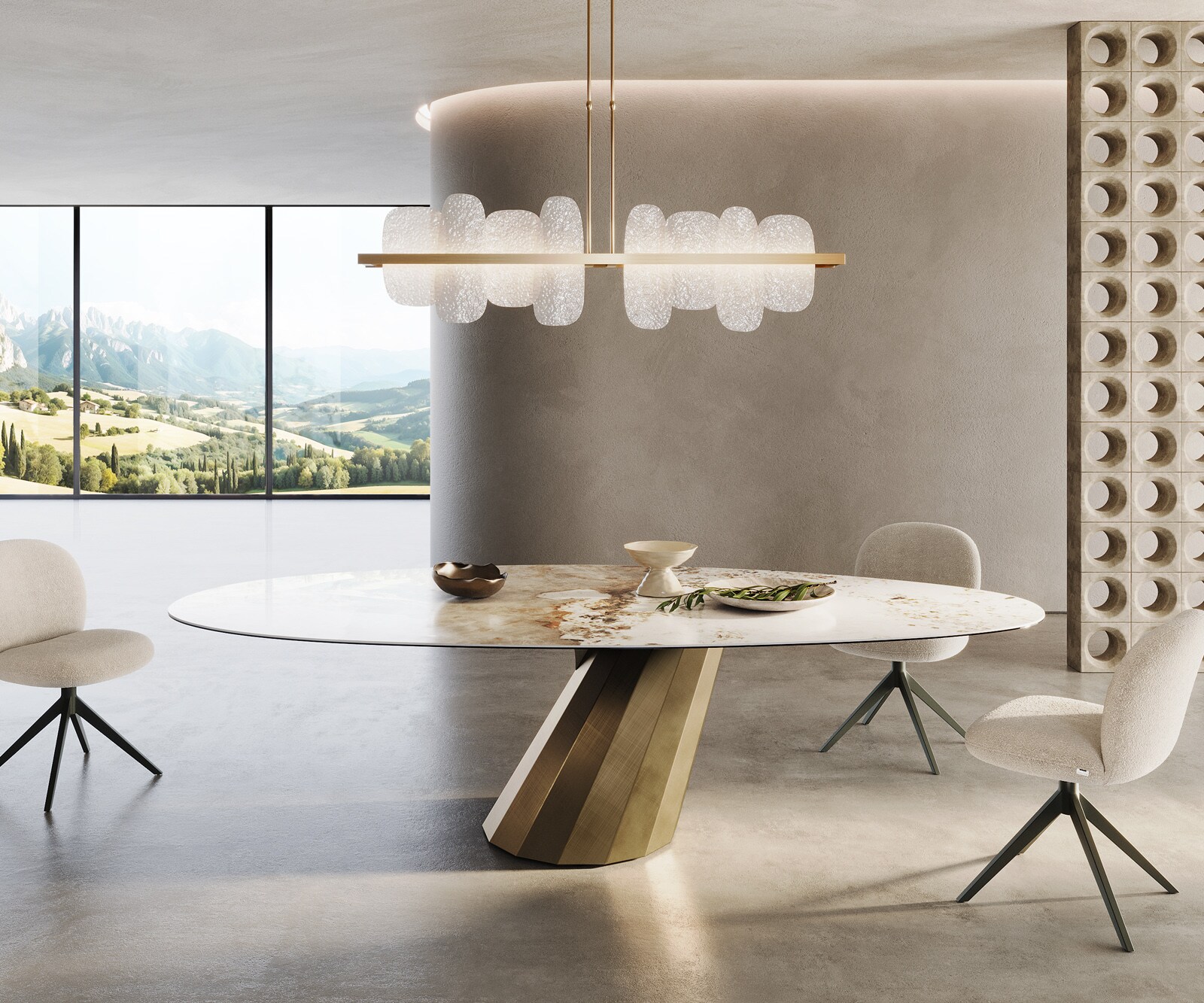 Esstisch Edge Oval 280x130 Keramik Minas Melange Weiß-Beige Parabel Metallic Gold