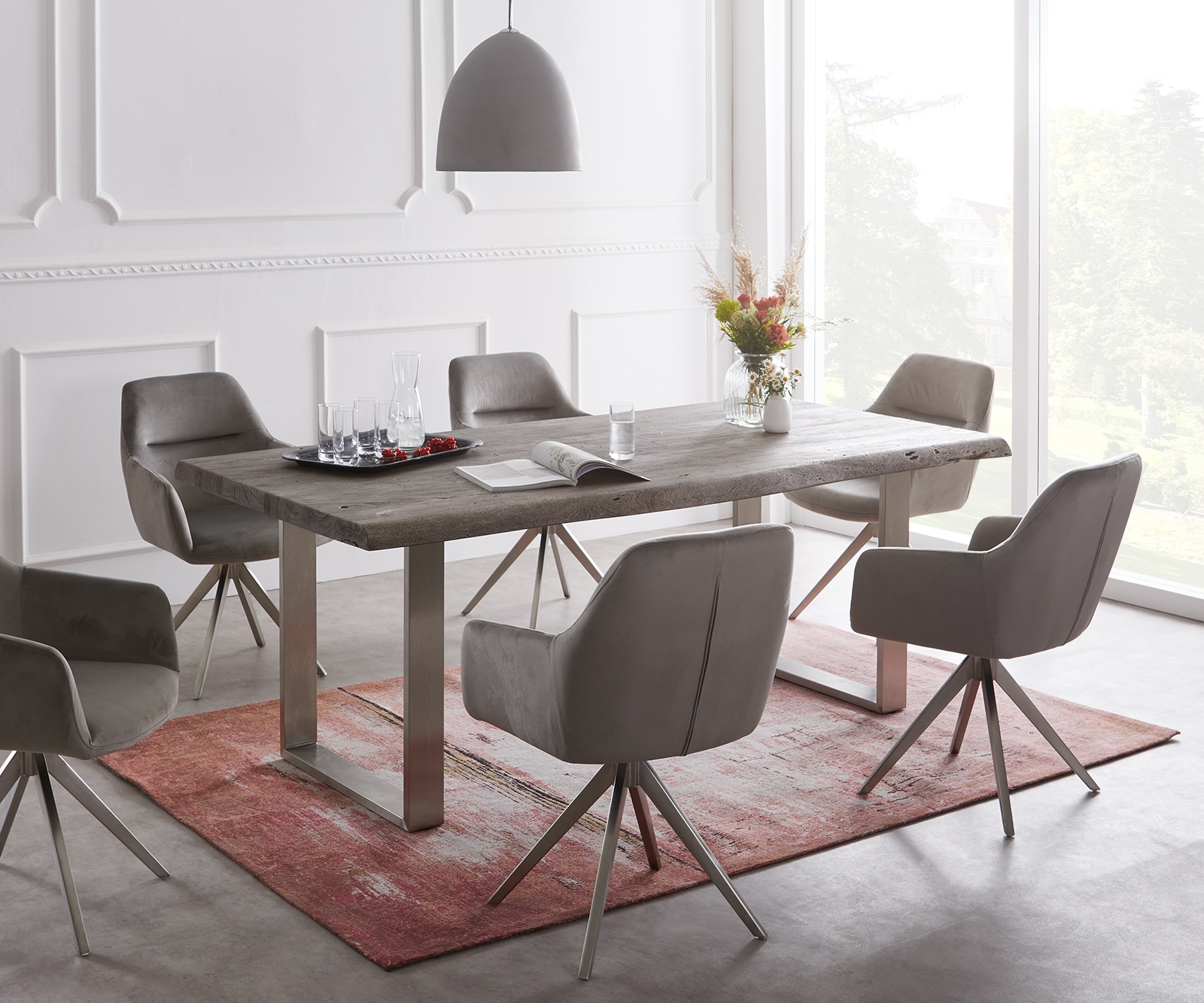 Esstisch Edge 180x90 XL Akazie Platin Edelstahl Schmal Live-Edge Esstisch Edge 180x90 XL Akazie Platin Edelstahl Schmal Live-Edge