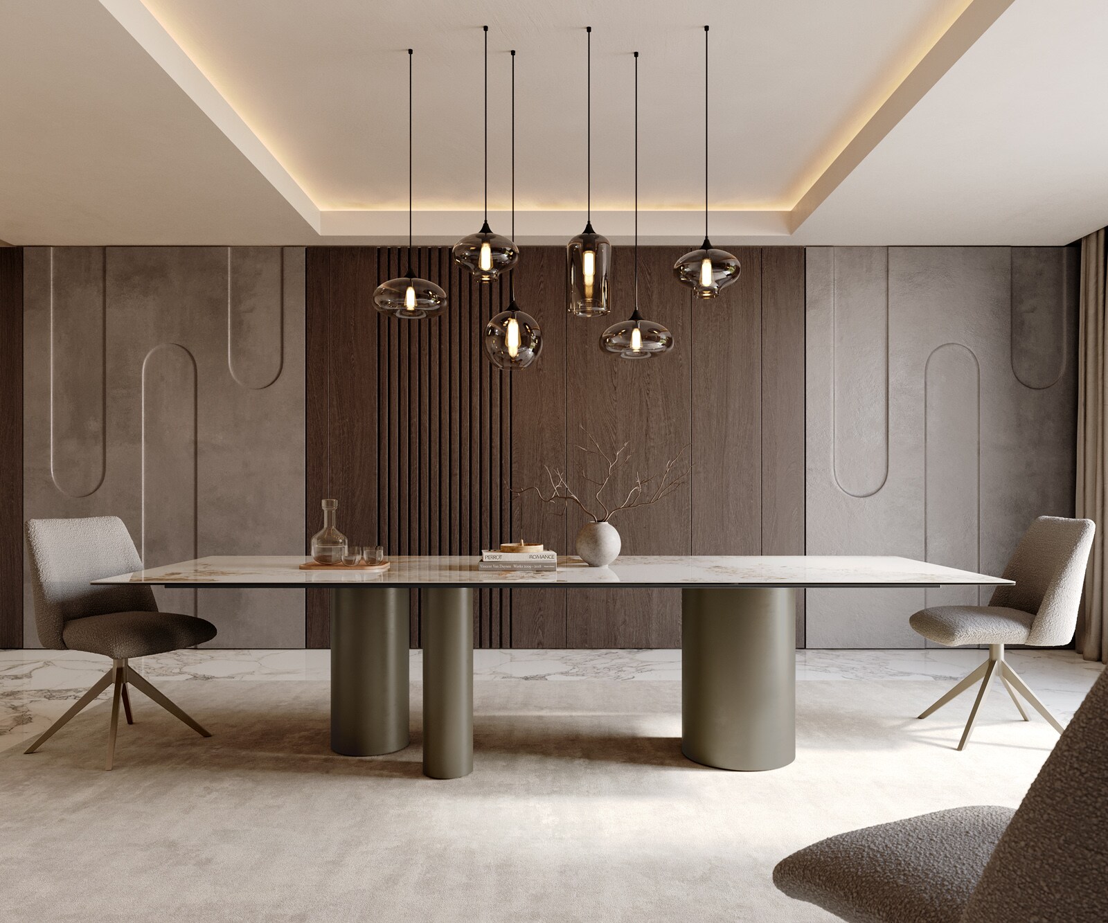 Esstisch Edge 300x100 Keramik Minas Melange Weiß-Beige Troa Metall Effektfinish Titan 2