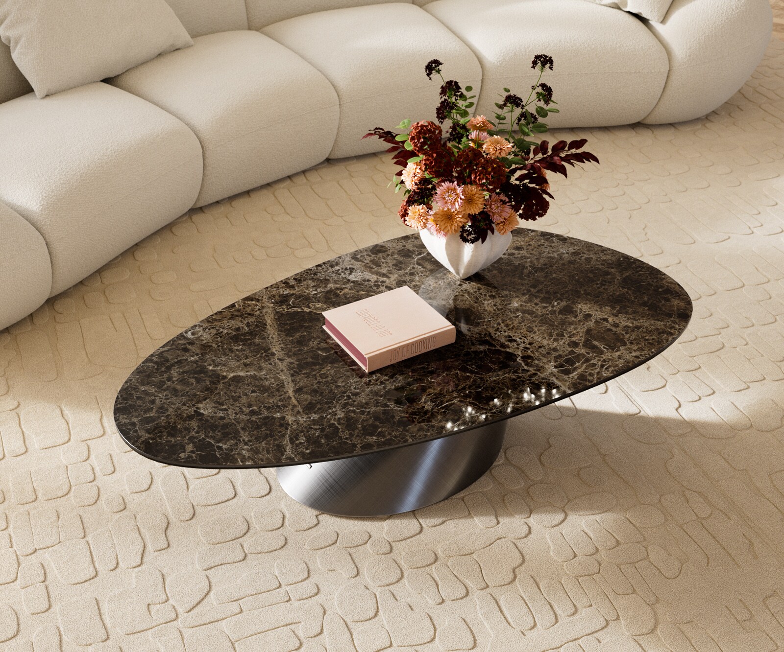 Couchtisch Edge Oval 140x75 cm Keramik Laminam® Emperador Extra Lucidato Dunkelbraun Conis Metallic Silber 4