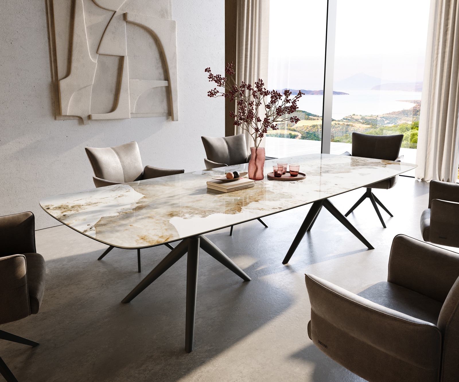 Esstisch Edge Boot 300x120 cm Keramik Minas Melange Weiß-Beige Estelar rund Metall Schwarz 1