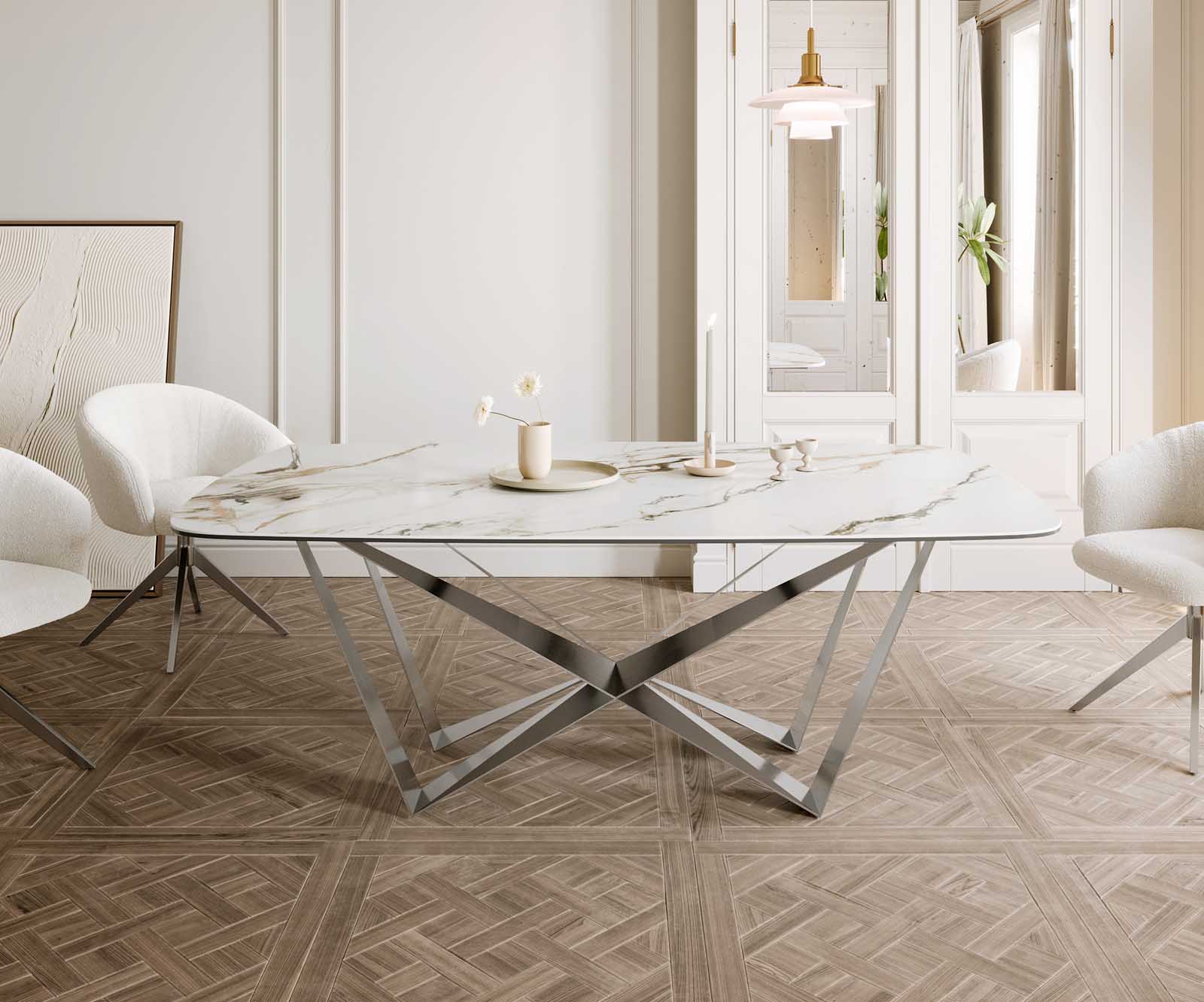 Esstisch Edge Boot 200x100 Keramik Calacatta Luxe Weiß-Gold-Grau Spider Flachstahl Edelstahl 1