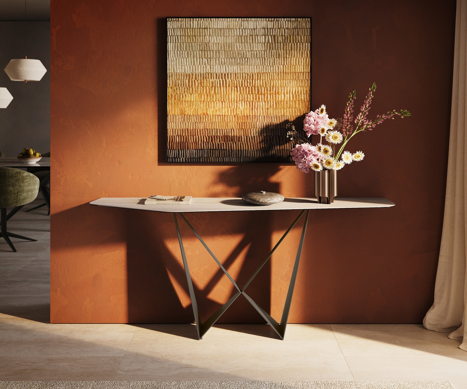 Konsolentisch Edge Polygonal 180x50 cm Keramik Laminam® Travertino Bianco Creme-Weiß Spios Metall Effektfinish Titan 1