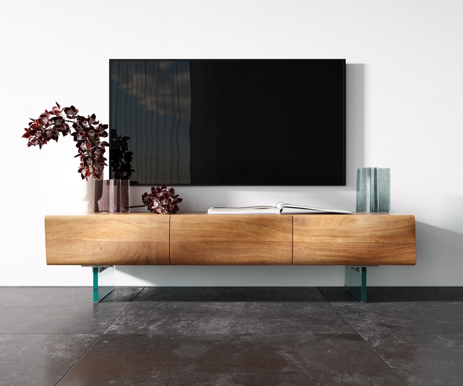 Lowboard New Live-Edge 145 cm Akazie Natur 3 Türen Glasfuß 3