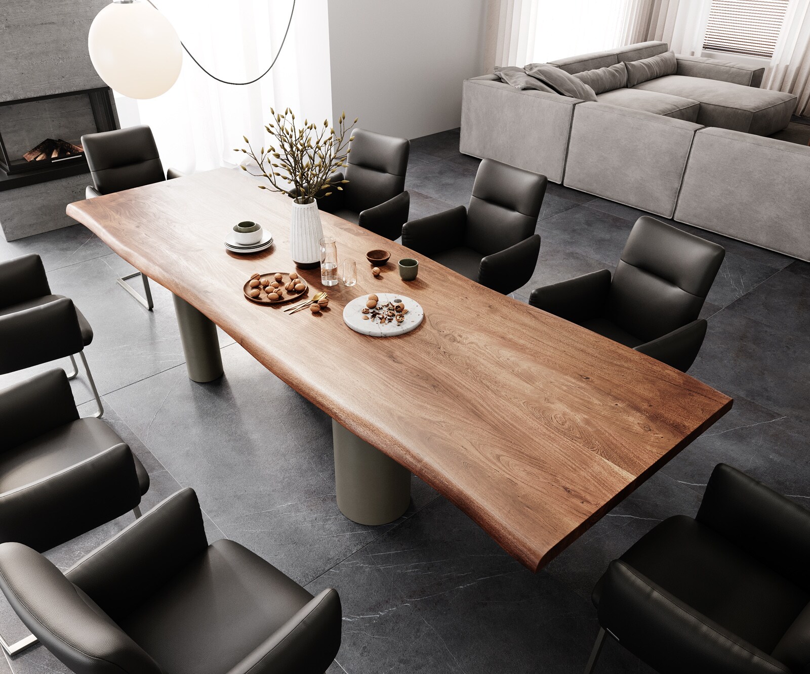 Esstisch Edge 300x100 XL Akazie Braun Pilier Metall Effektfinish Titan Live-Edge 3
