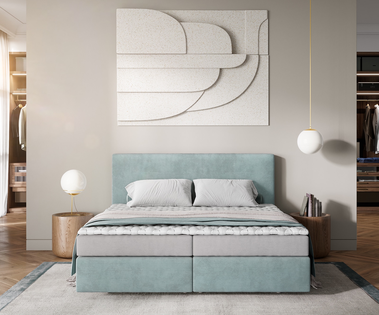 Boxspringbett Dream-Well 180x200 cm Cord Pastellblau mit Matratze und Topper 1 Boxspringbett Dream-Well 180x200 cm Cord Pastellblau mit Matratze und Topper 1