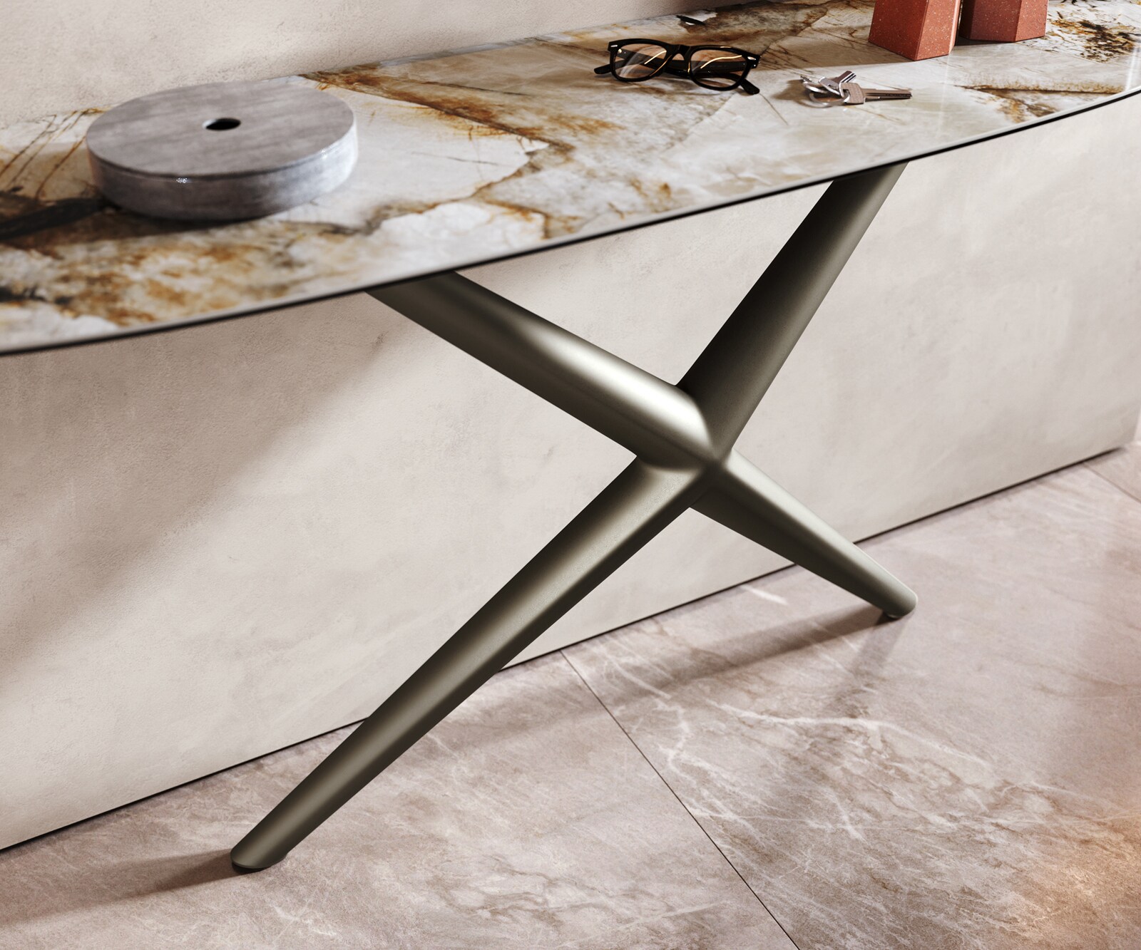 Konsolentisch Edge Organisch 140x40 cm Keramik Patagonia Poliert Estelo Metall Effektfinish Titan 5