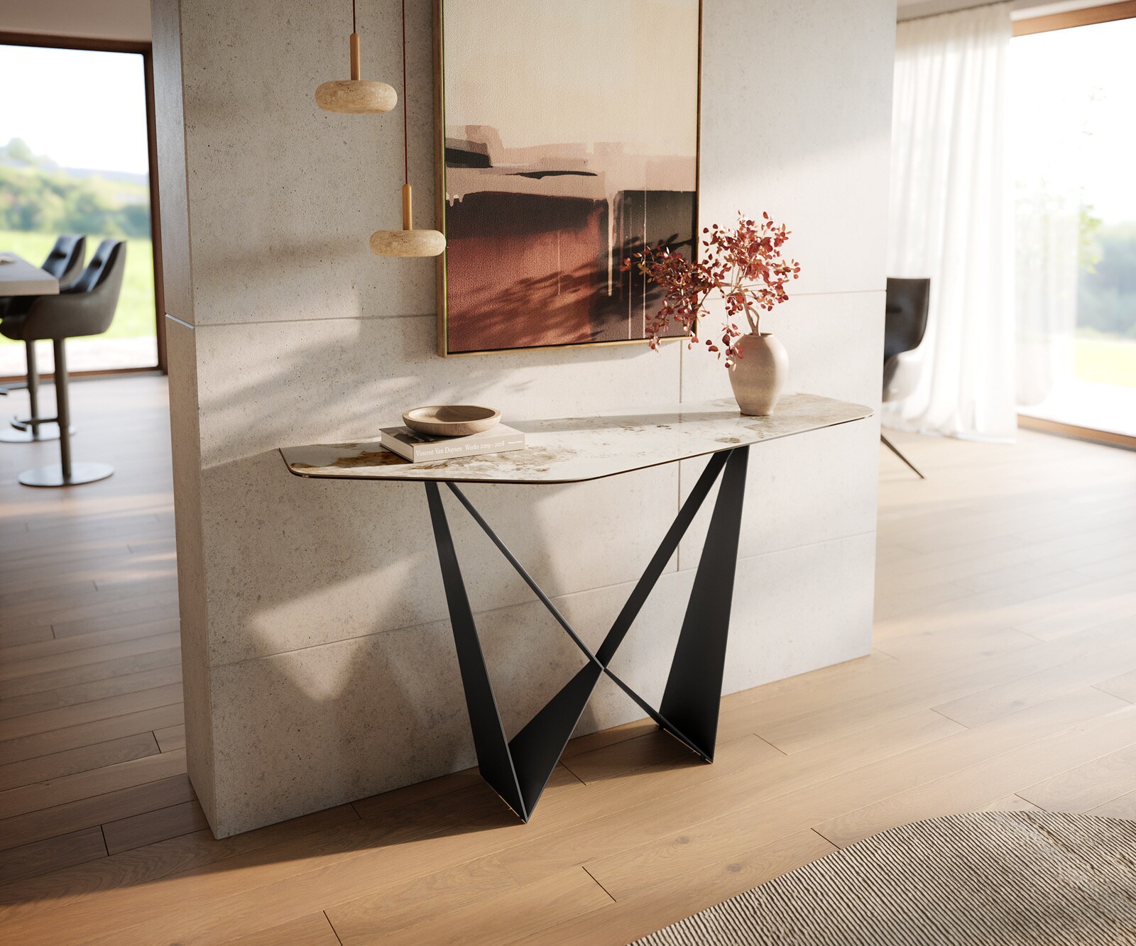 Konsolentisch Edge Polygonal 140x50 cm Keramik Minas Melange Weiß-Beige Spios Metall Schwarz