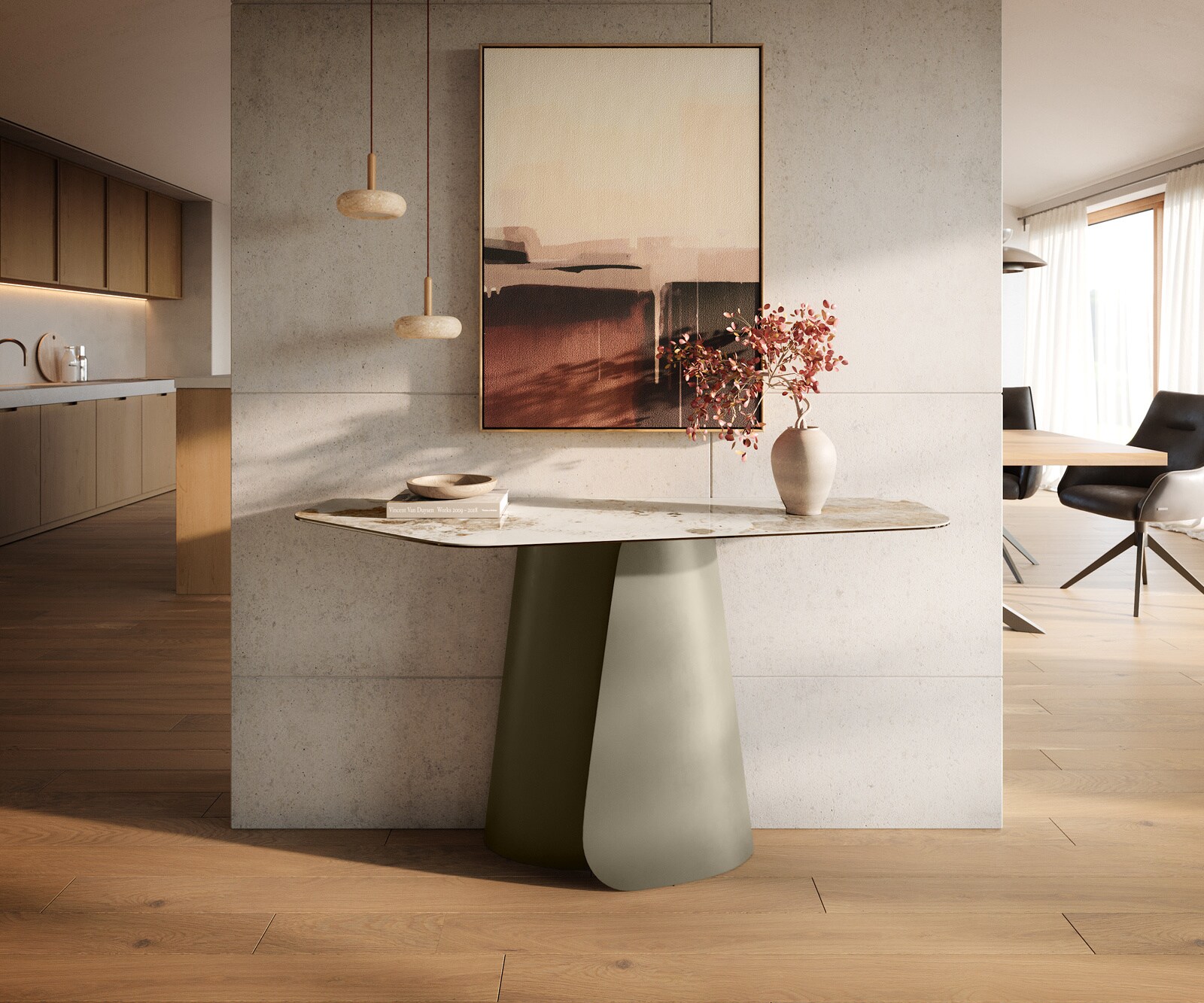 Konsolentisch Edge Polygonal 140x50 cm Keramik Minas Melange Weiß-Beige Livos Metall Effektfinish Titan 4