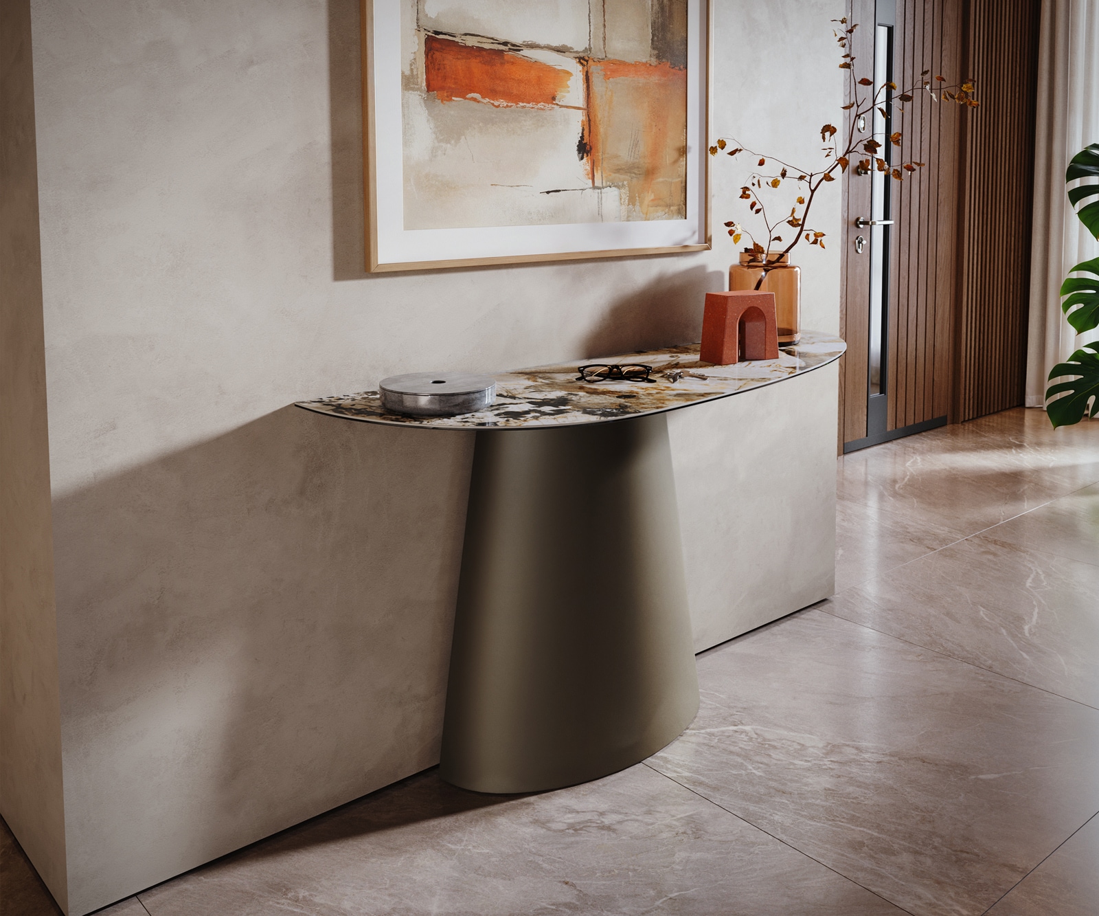 Konsolentisch Edge Oval 140x40 cm Keramik Patagonia Poliert Conos Metall Effektfinish Titan