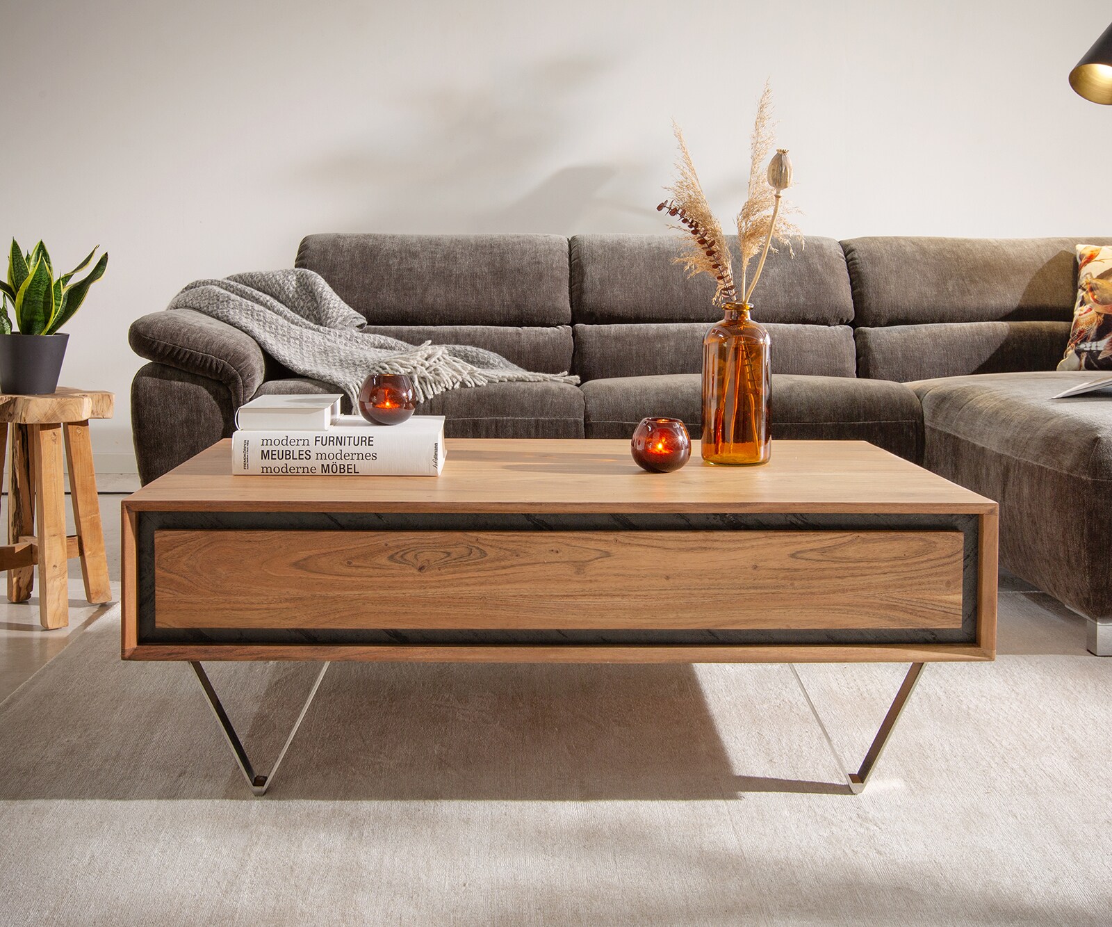 Couchtisch Stonegrace 115x60 cm Akazie Natur 2 Schubladen Steinfurnier 1