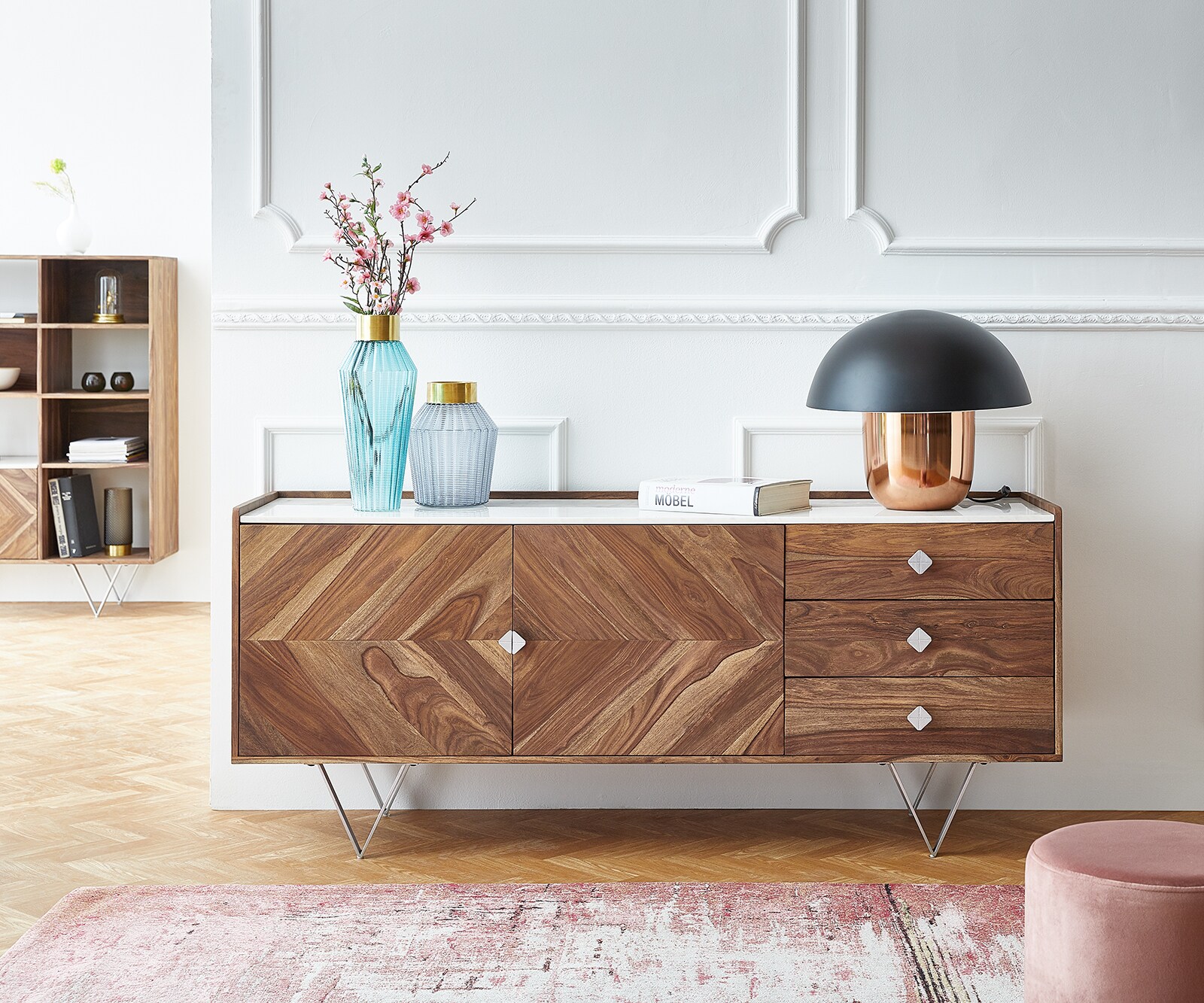 Sideboard Pacino 175 cm Sheesham Natur Steinplatte Weiß 1