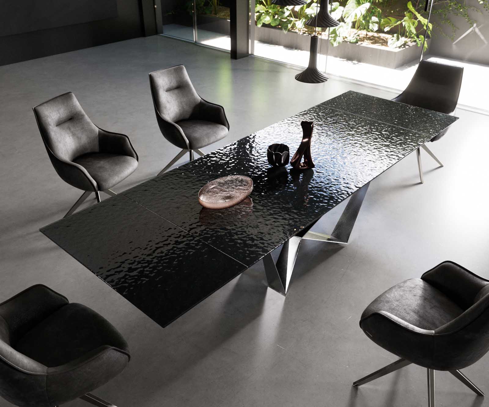 Esstisch Edge 200-300x100 Reliefglas Rauchschwarz 3D-Design Spider Flachstahl Edelstahl ausziehbar 4 Esstisch Edge 200-300x100 Reliefglas Rauchschwarz 3D-Design Spider Flachstahl Edelstahl ausziehbar 4